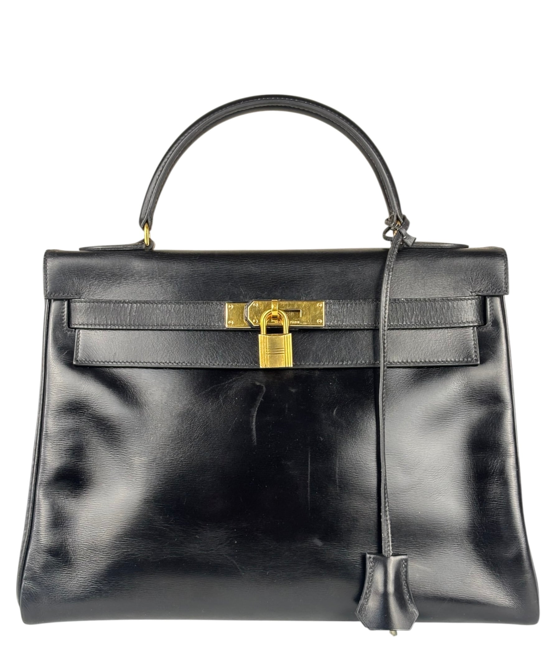 Hermes Black Box Leather Kelly 32 Handbag 1979
