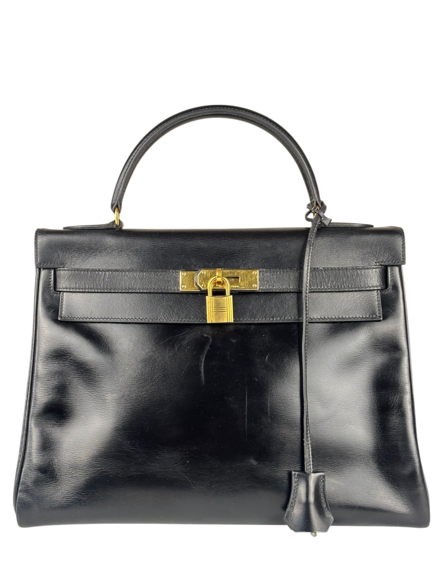 Hermes Black Box Leather Kelly 32 Handbag 1979