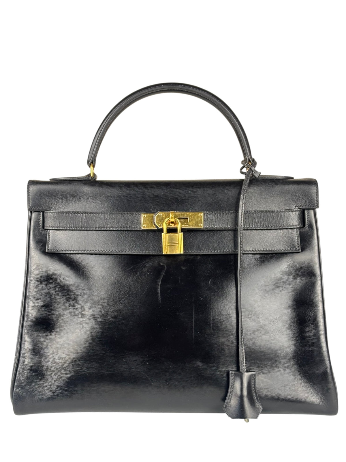 Hermes Black Box Leather Kelly 32 Handbag 1979