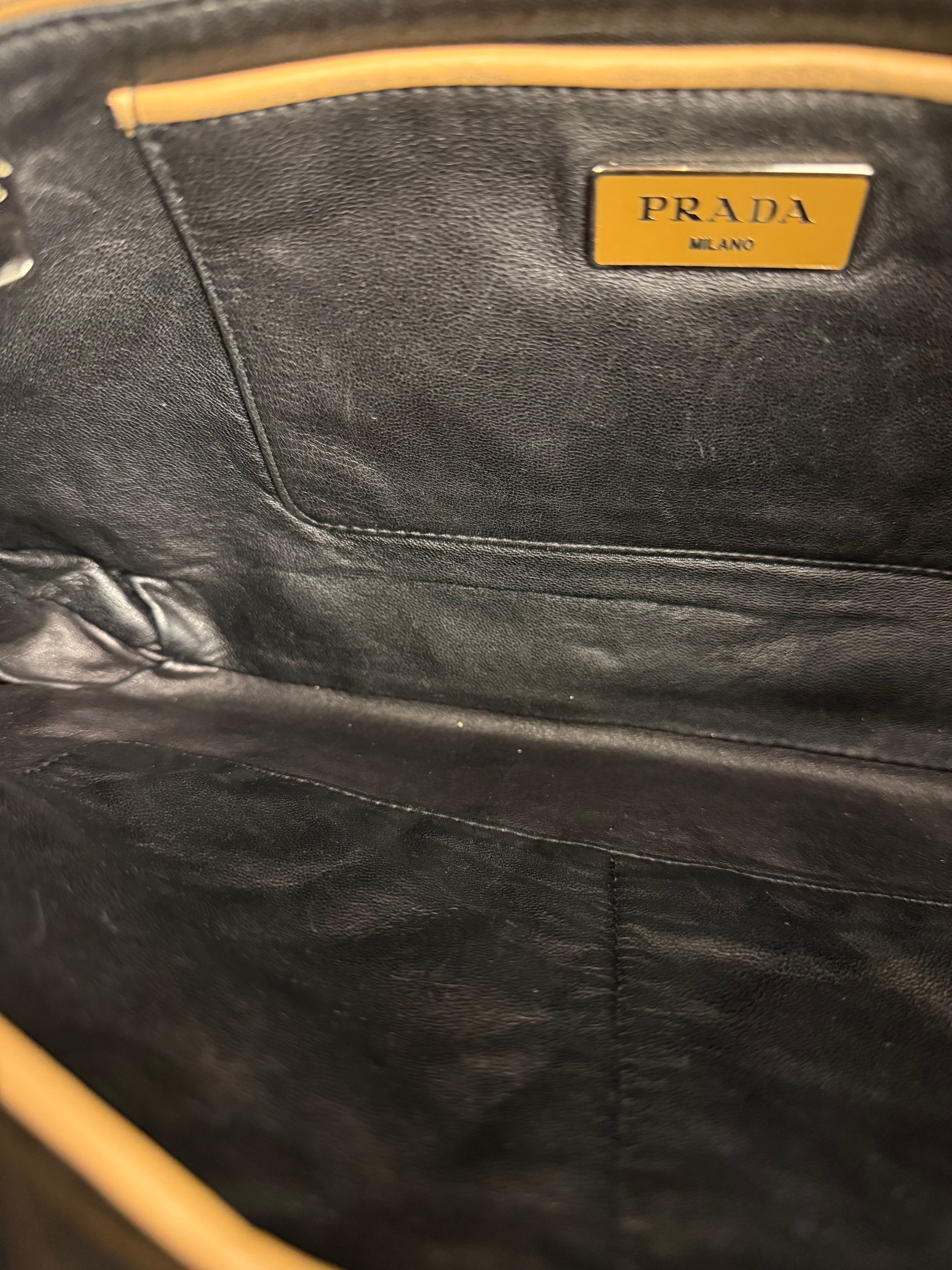 Prada Vintage Camel Leather Embroidery Clutch