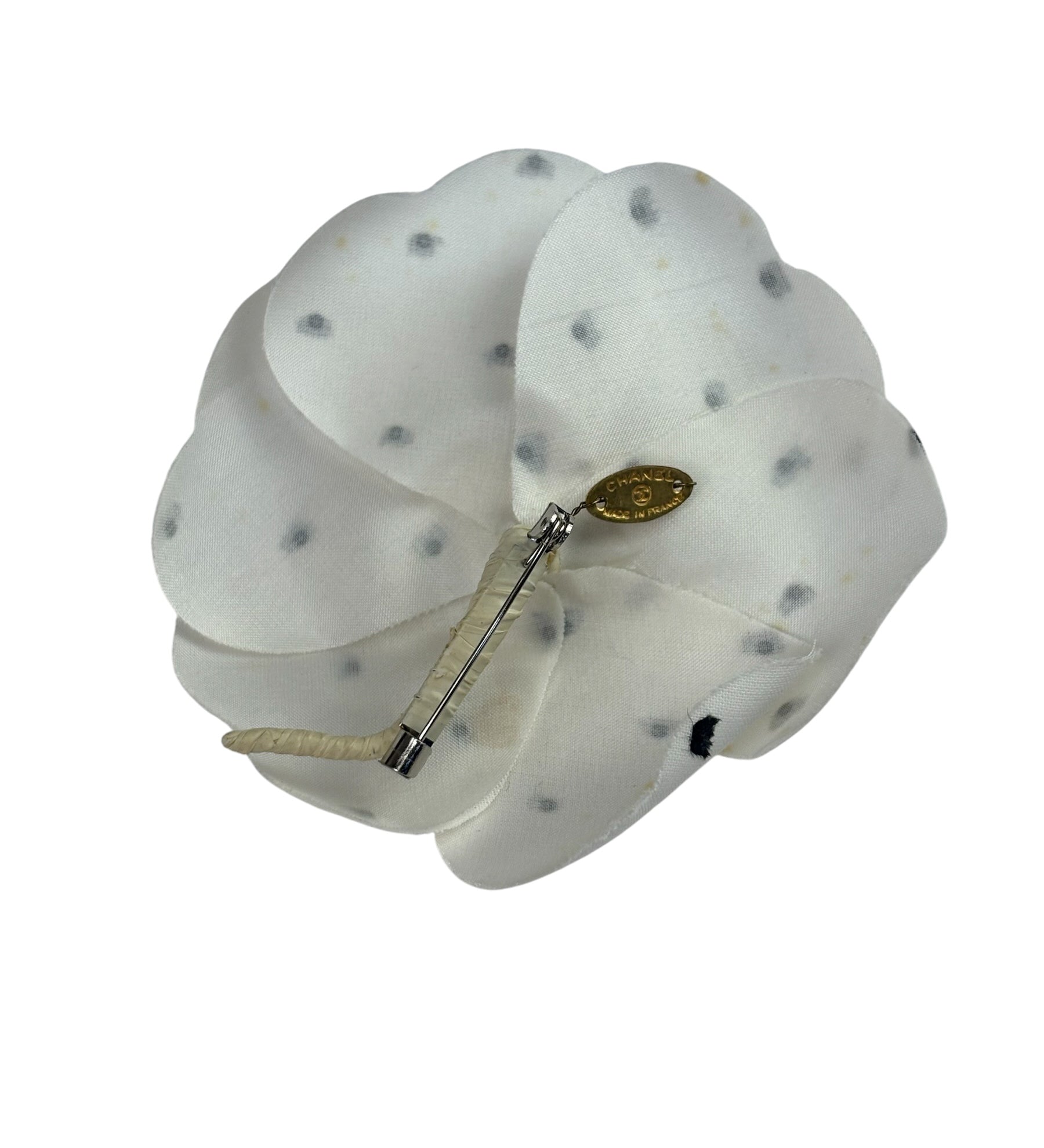 Chanel White Silk Polka Dots Camellia Flower Brooch