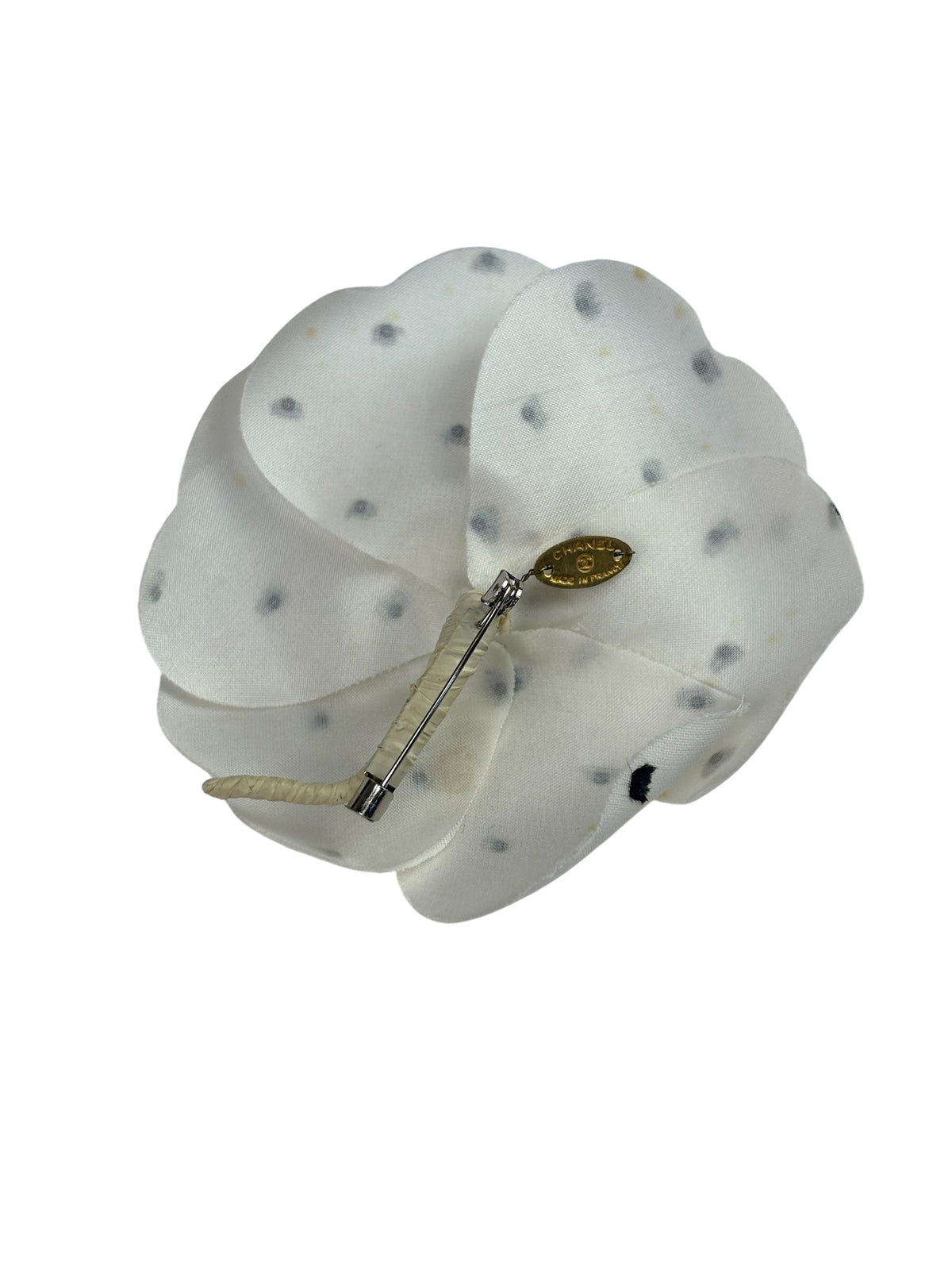 Chanel White Silk Polka Dots Camellia Flower Brooch