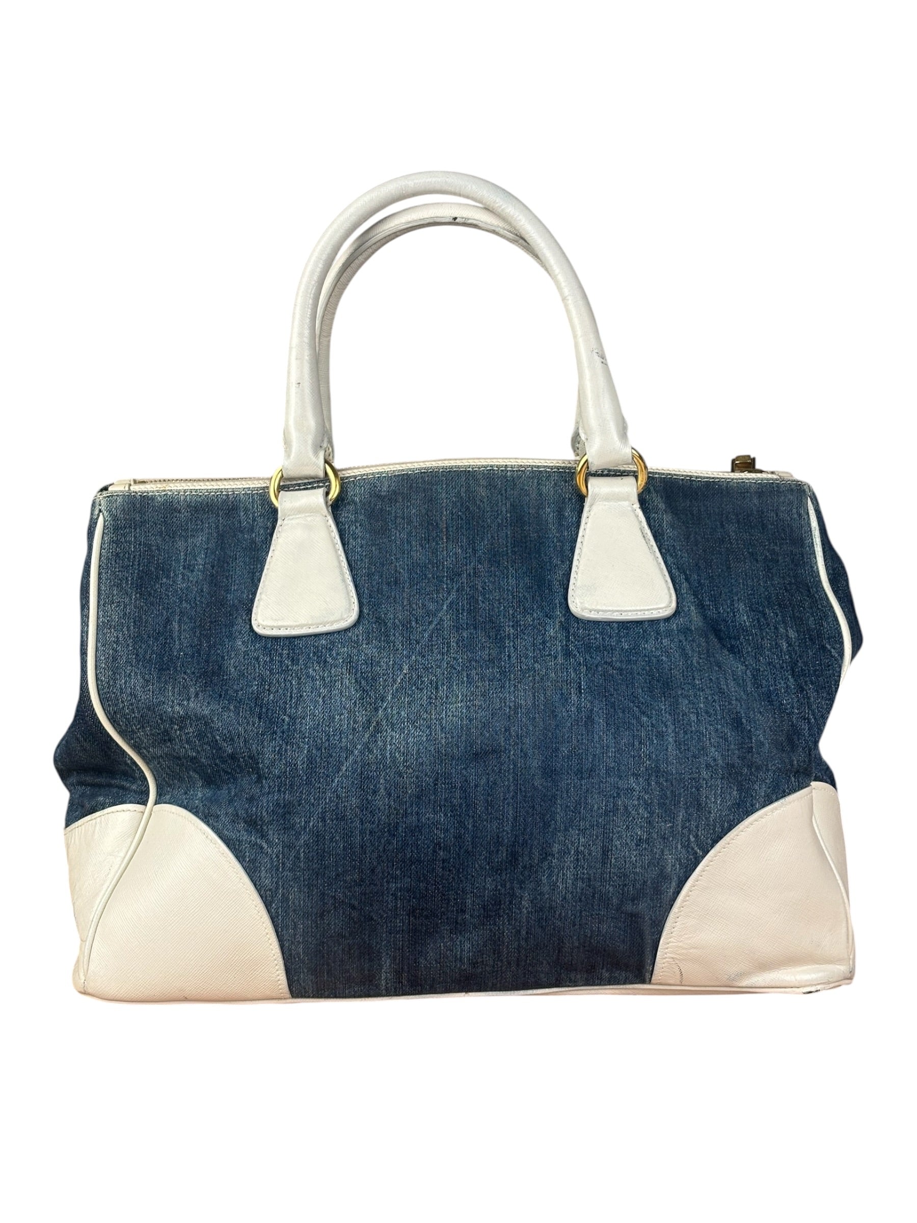 Prada Denim White Leather Trim Saffiano Handbag