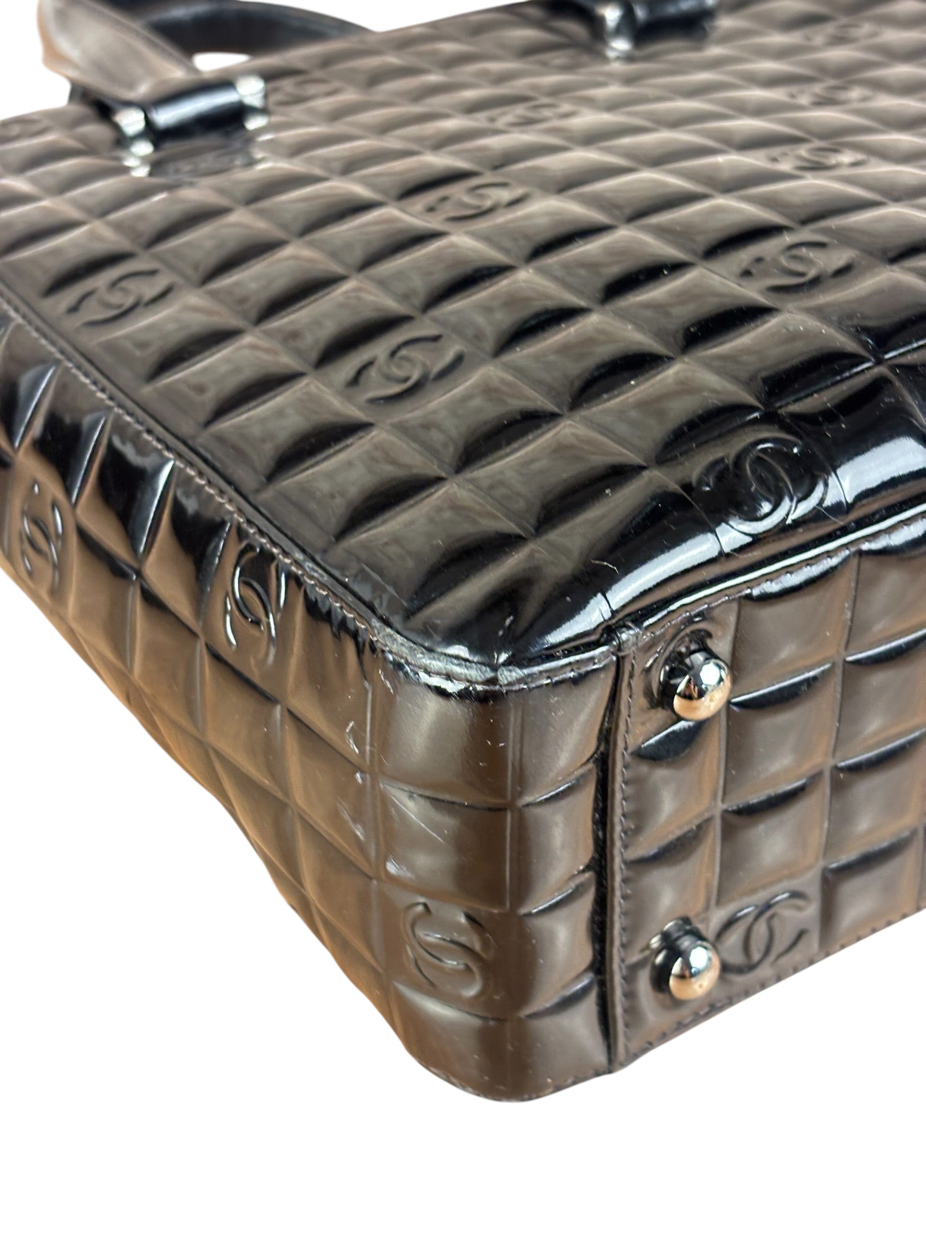Chanel Vintage Black Patent Leather Chocolate Bar Pyramidal Tote Bag 2002