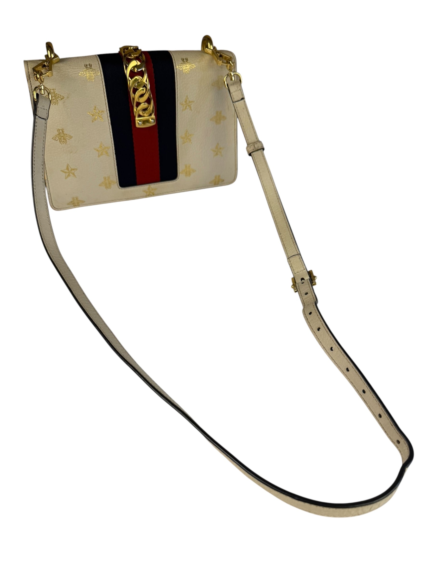 Gucci Textured Calfskin Bee Star Sylvie Shoulder Bag White