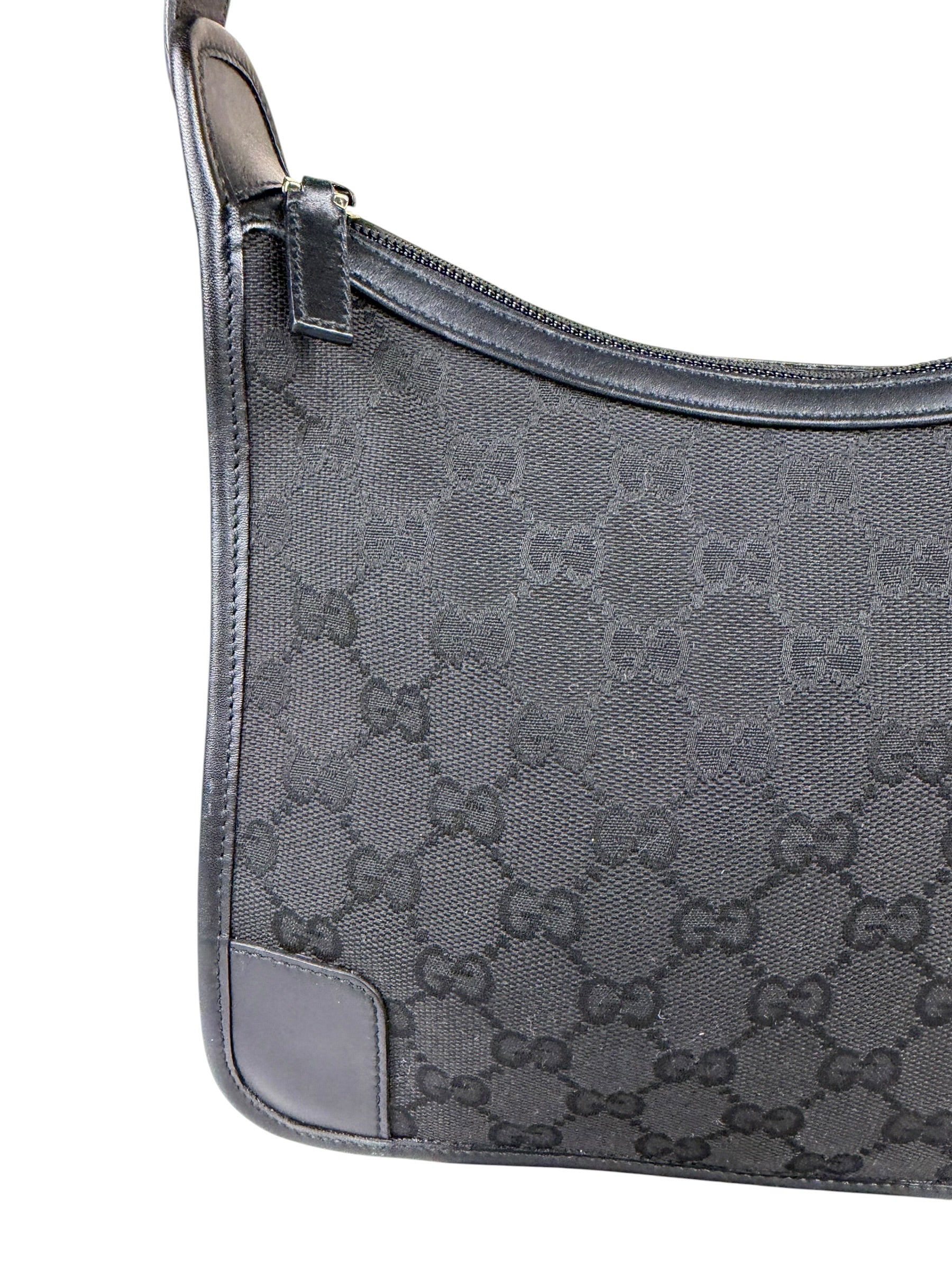 Gucci Black Canvas Leather Trim Shoulder Bag