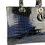 Christian Dior Rare Black/Navy Croc Embossed Lady Dior Handbag