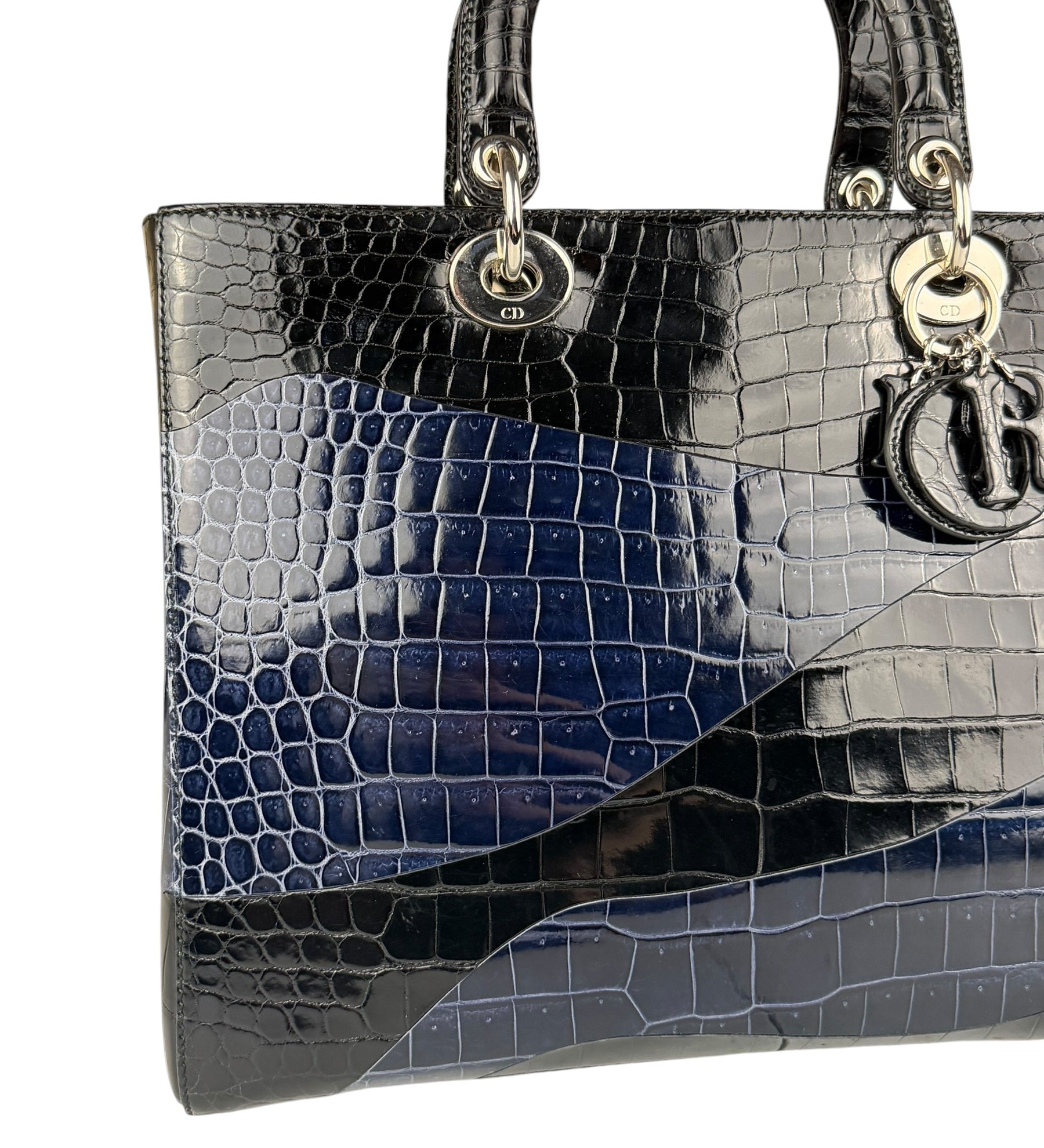 Christian Dior Rare Black/Navy Croc Embossed Lady Dior Handbag