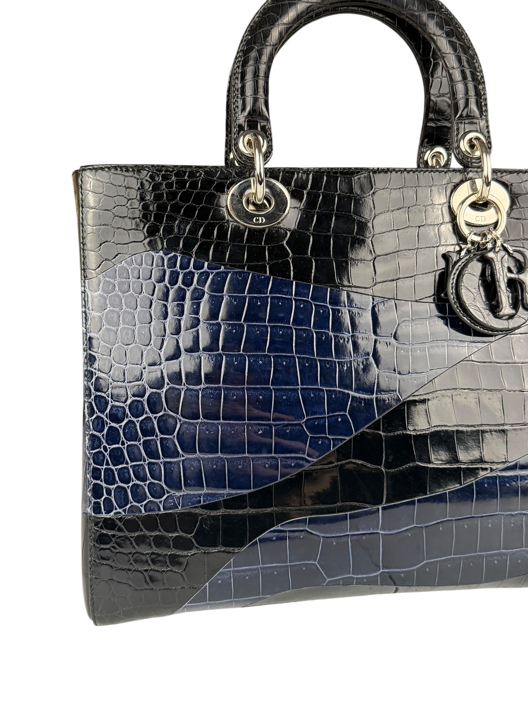 Christian Dior Rare Black/Navy Croc Embossed Lady Dior Handbag