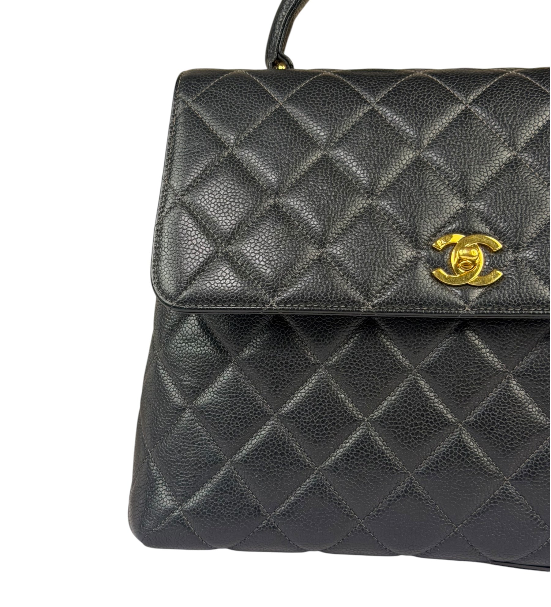 Chanel Vintage Black Caviar Quilted Leather Kelly Top Handle Bag 1996