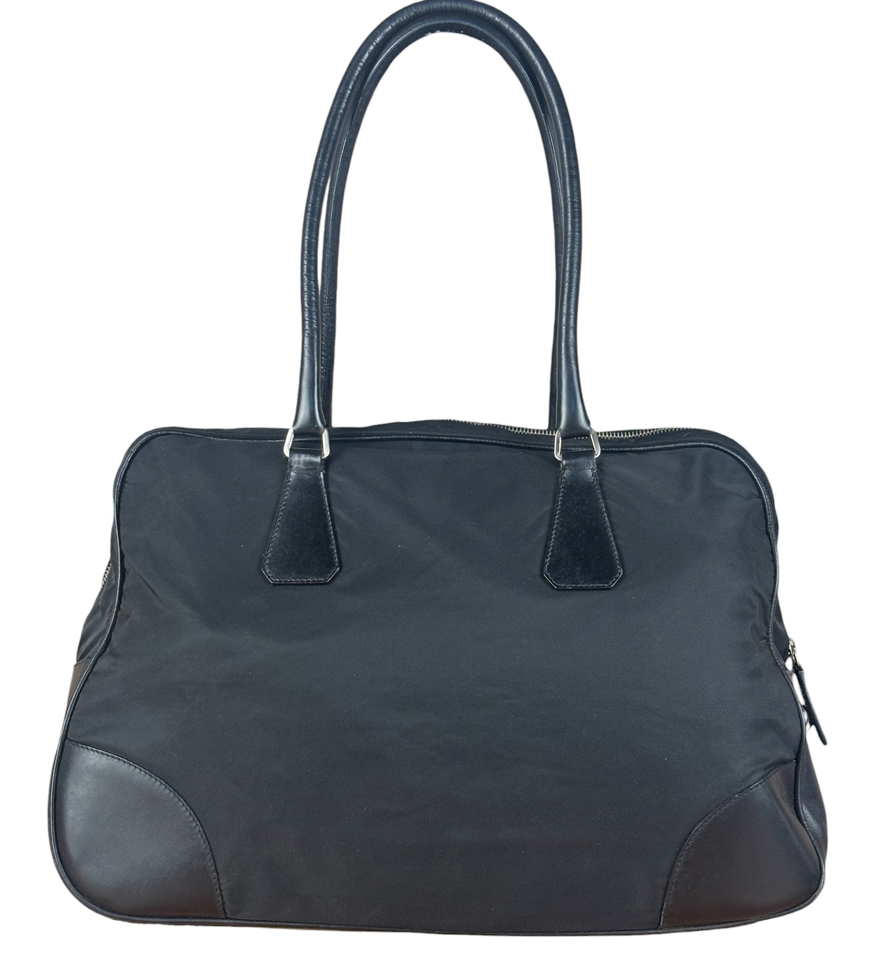 Prada Black Leather Tessuto Nylon Bowler Bag