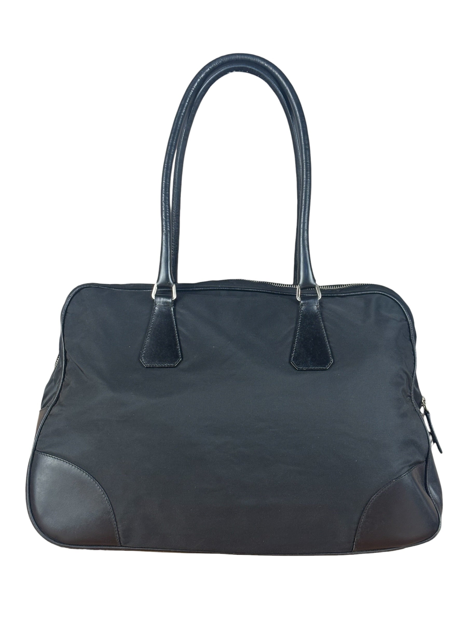 Prada Black Leather Tessuto Nylon Bowler Bag