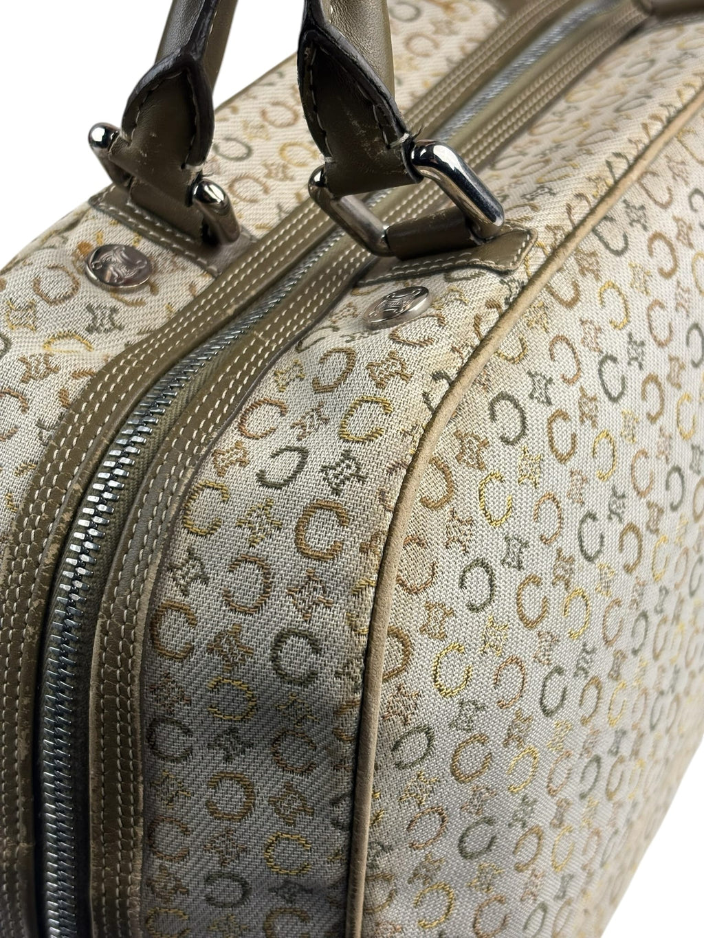 Celine Beige/Green Leather Trim Macadam Handbag