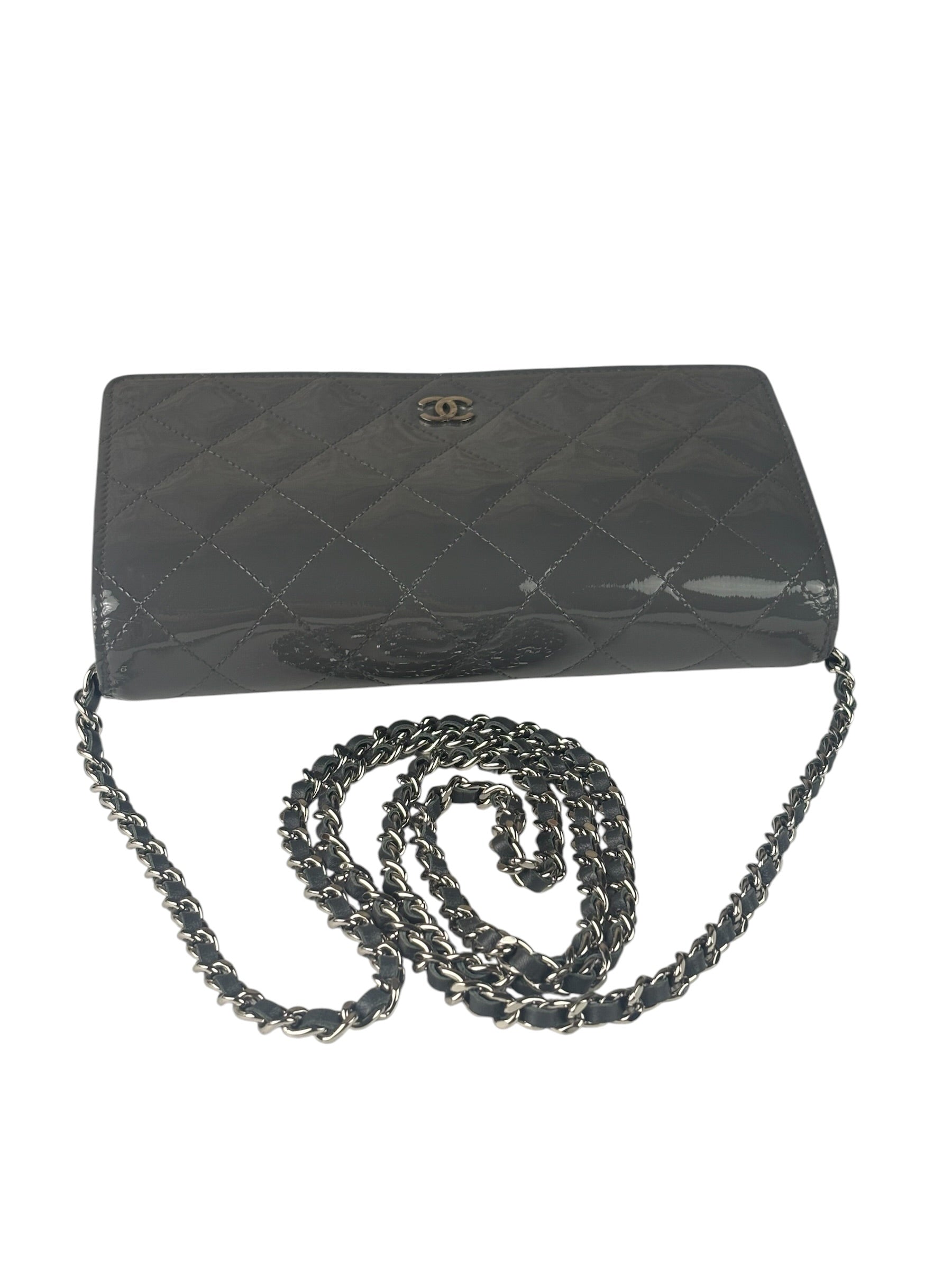 Chanel Grey Quilted Patent Leather Wallet-On-Chain 2012