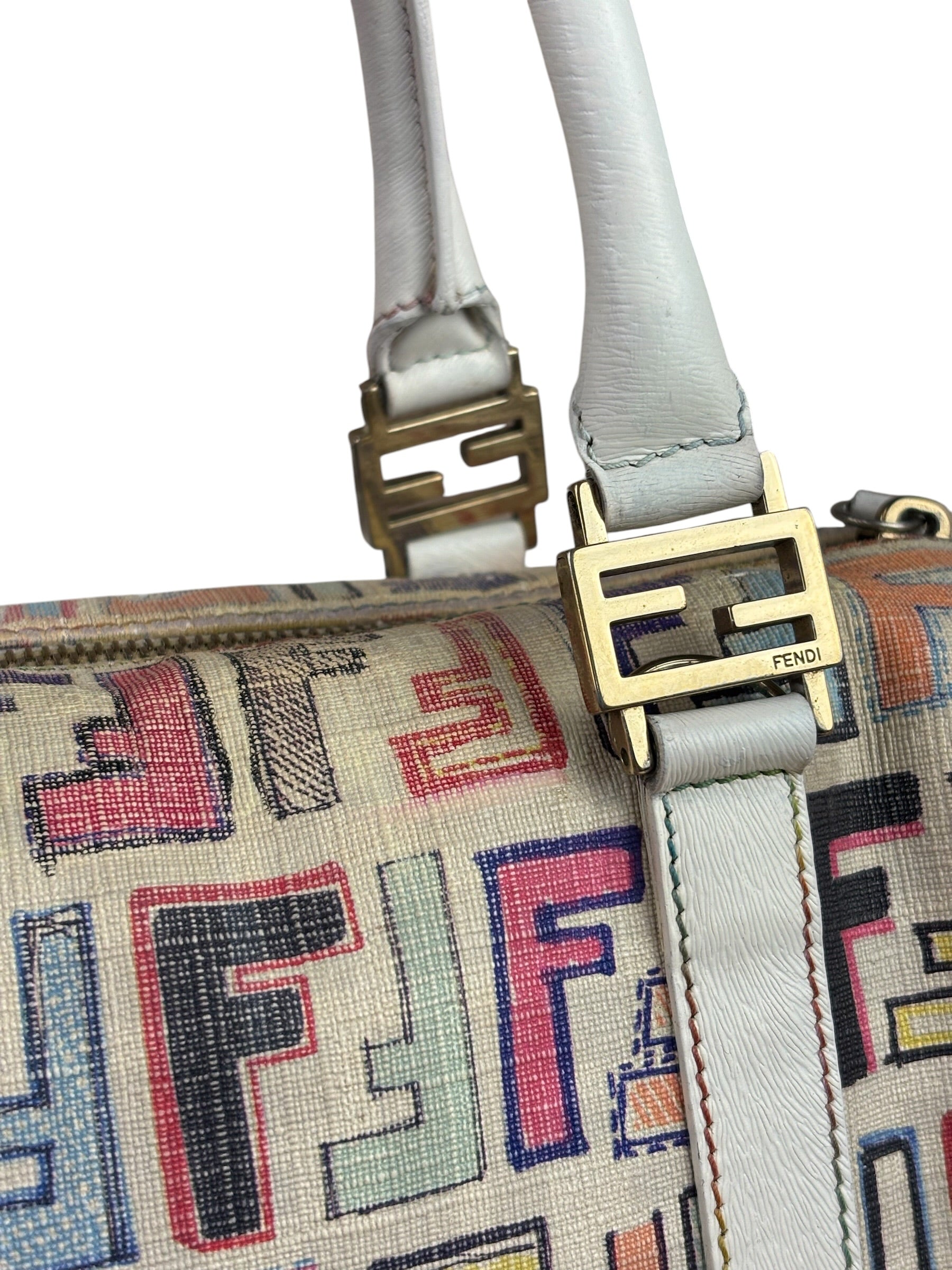 Fendi Beige Leather Multicolor Zucca Forever Boston Bag
