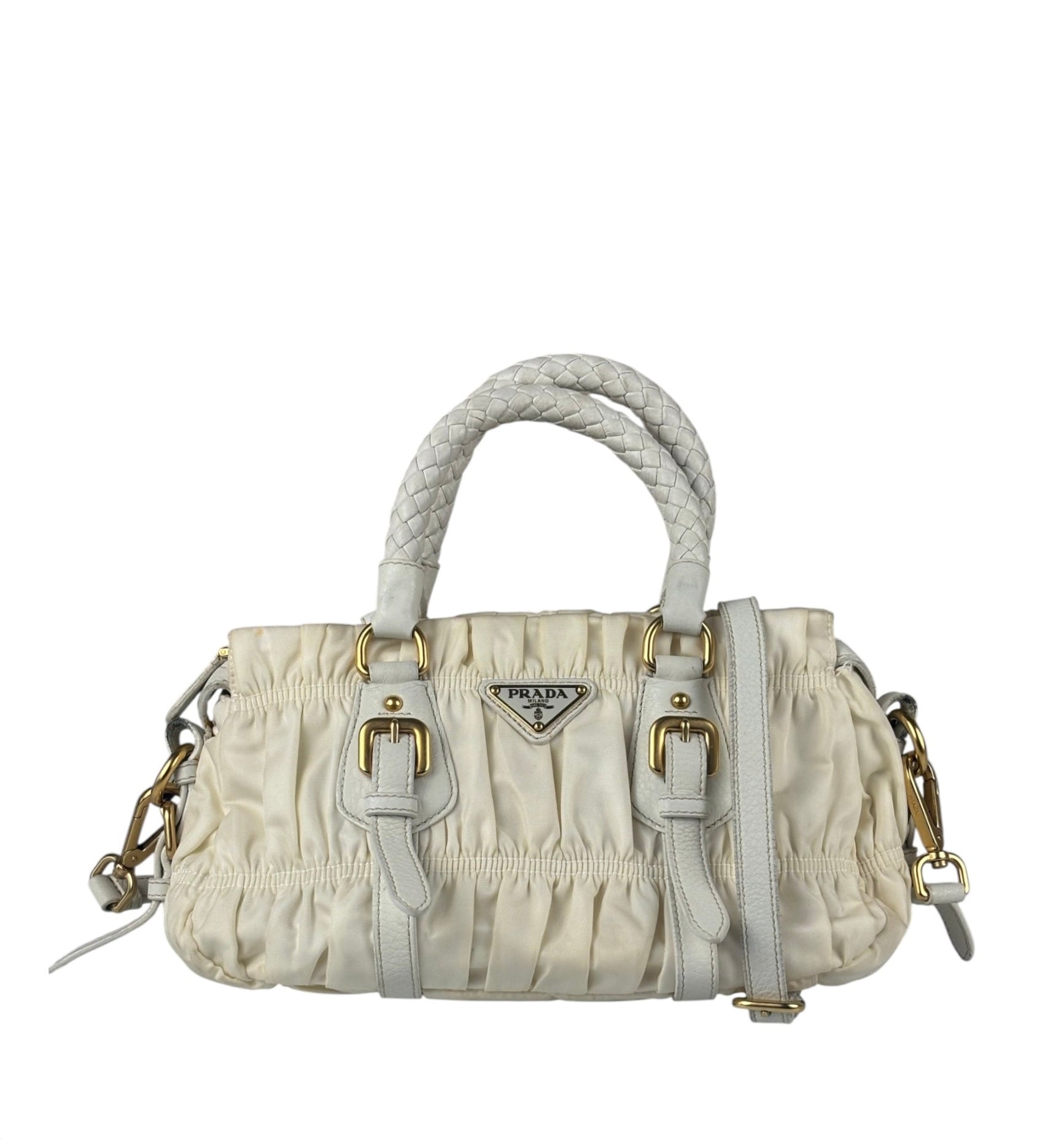 Prada Y2K Ivory Gaufre Nylon Woven Leather 2Way Mini Handbag
