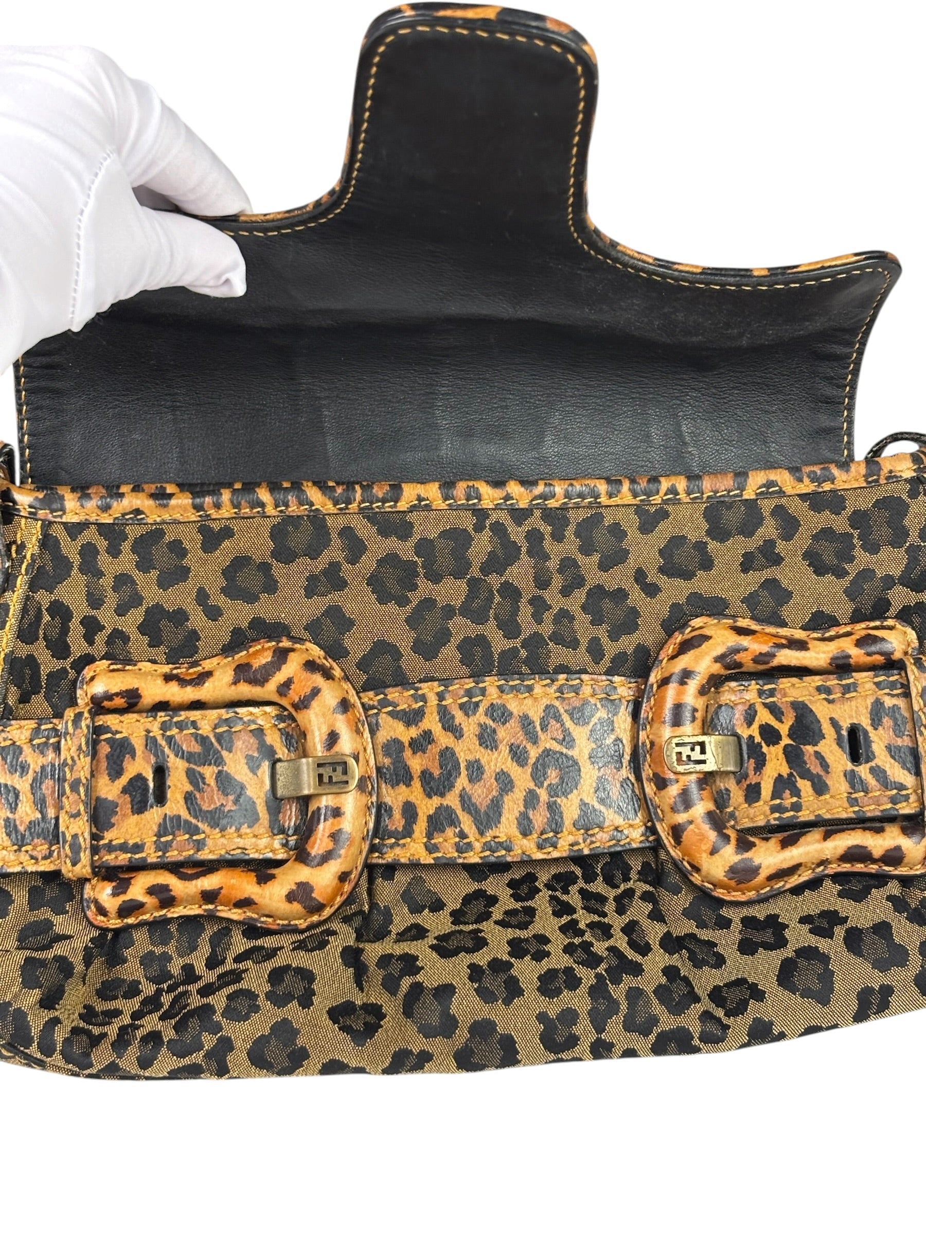Fendi Brown Leather Trim Leopard Print Buckle Bag