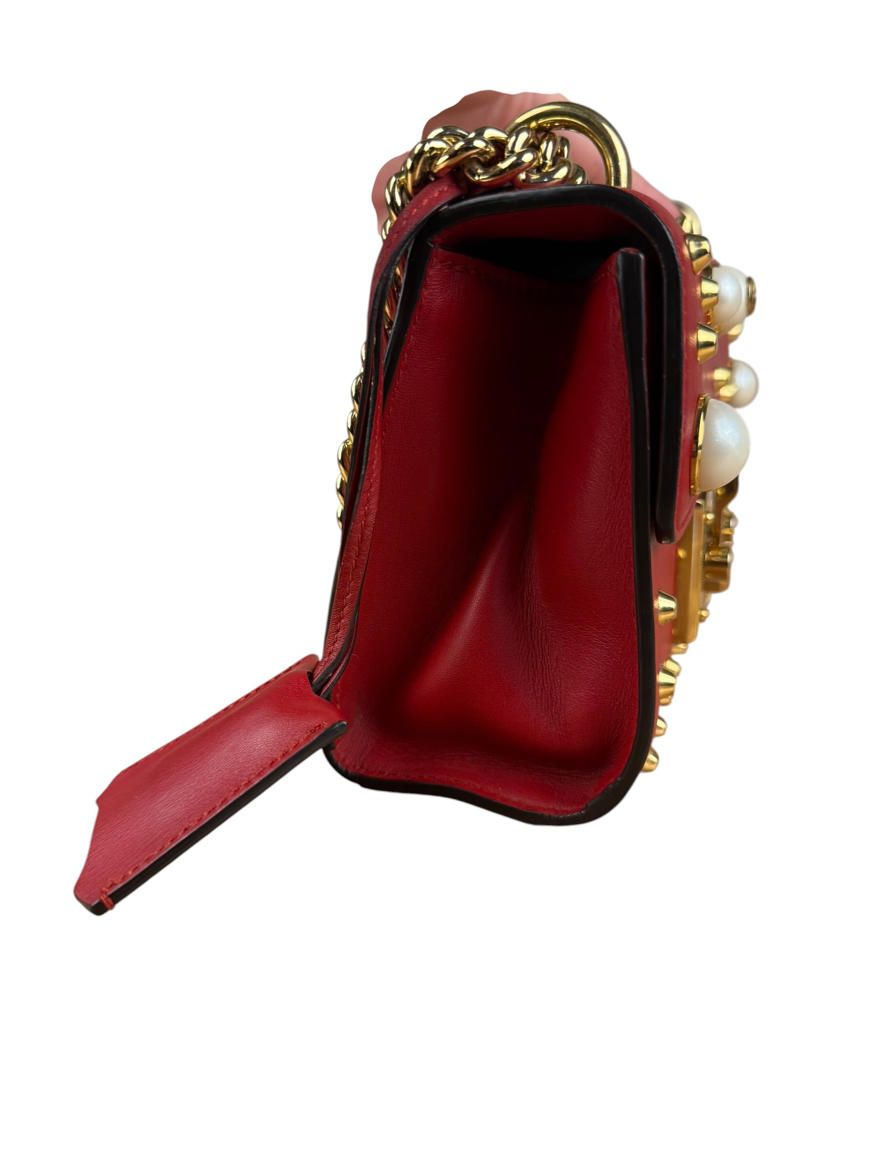 Gucci Red Leather Pearl Studded Padlock Shoulder Bag
