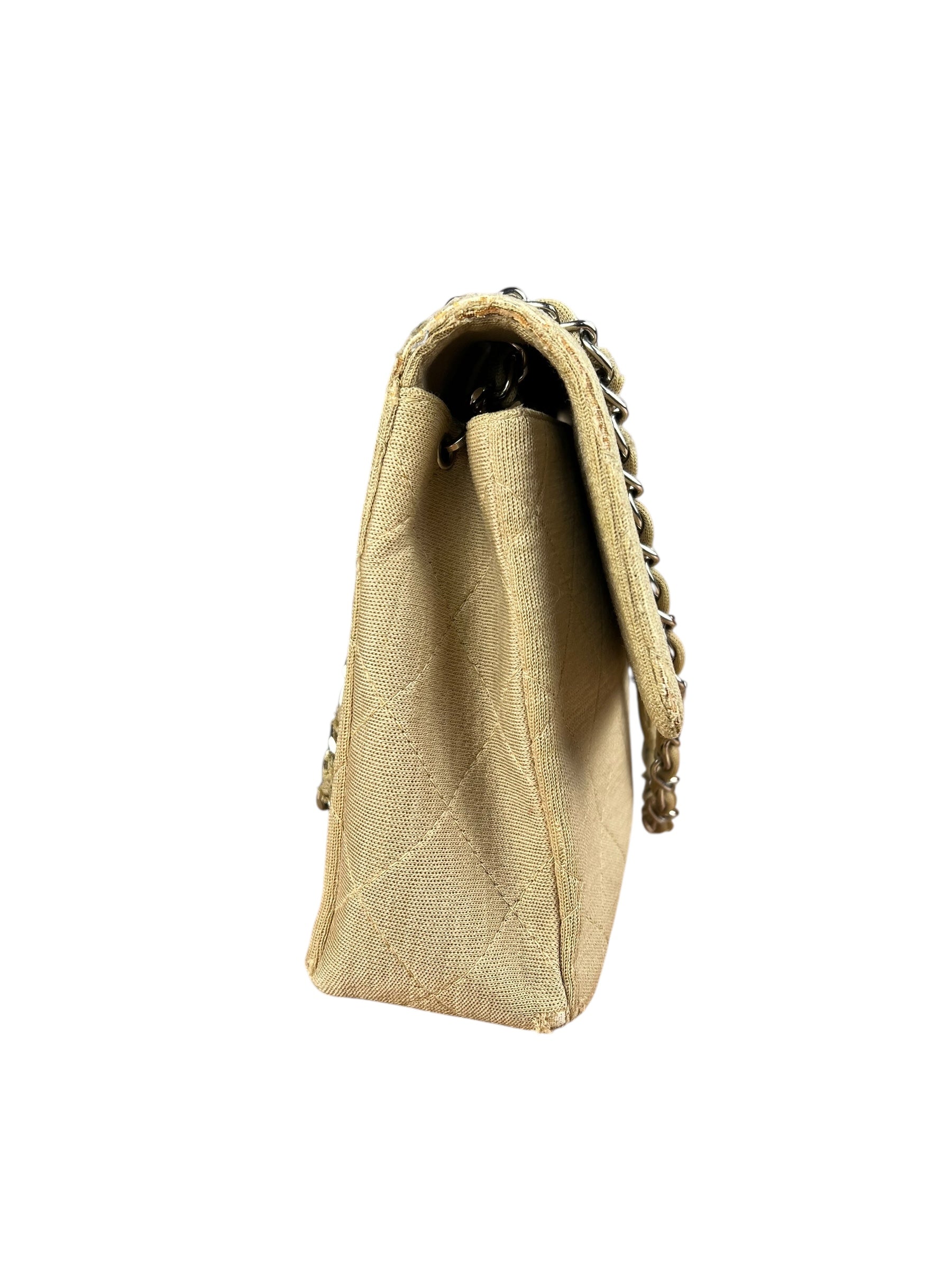 Chanel Vintage Beige Jersey Quilted Classic Flap Bag