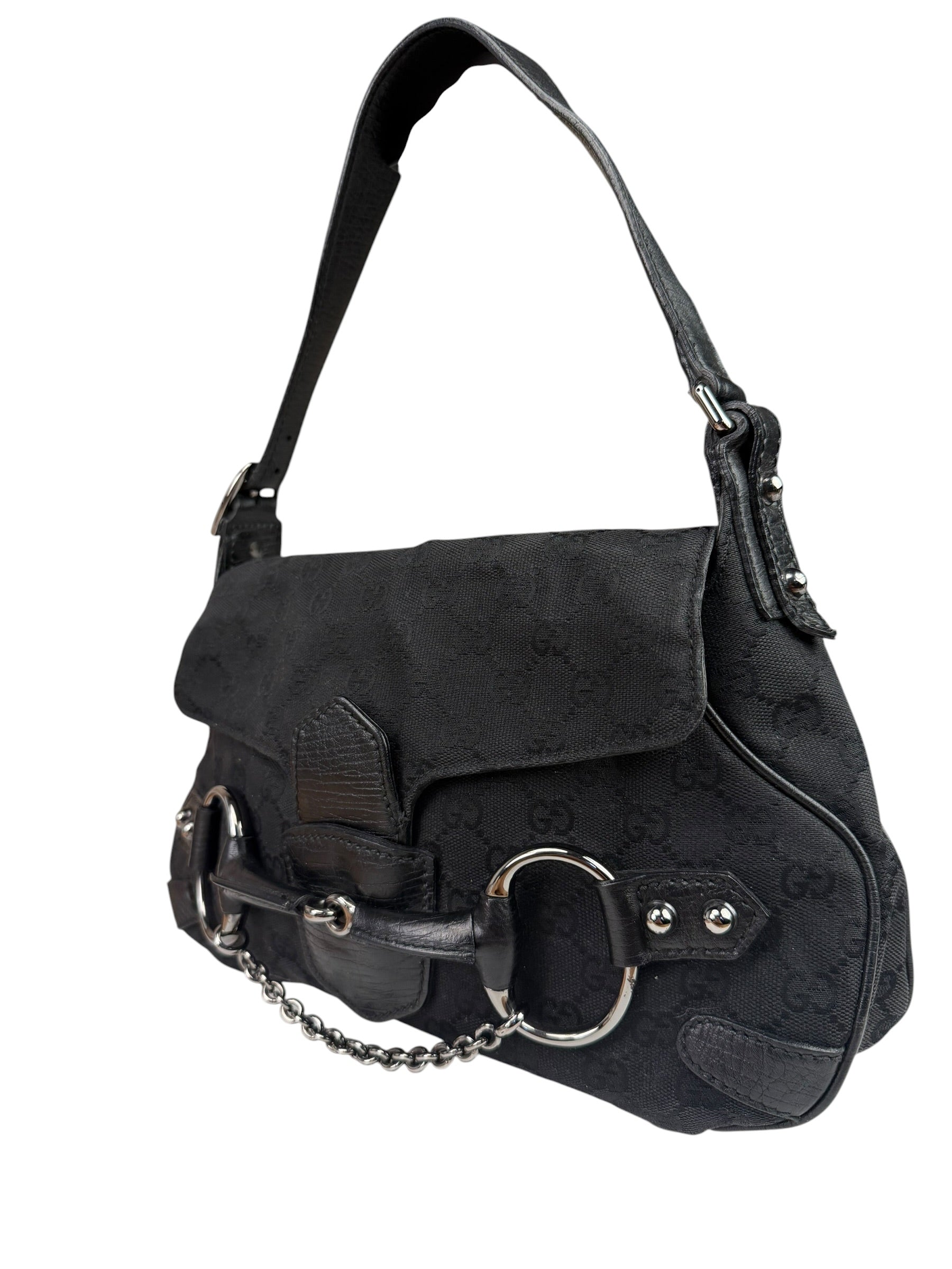 Gucci GG Vintage Black Horsebit Flap Shoulder Bag