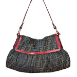Fendi Beige/Red Leather Trim Zucca Chef Flap Bag
