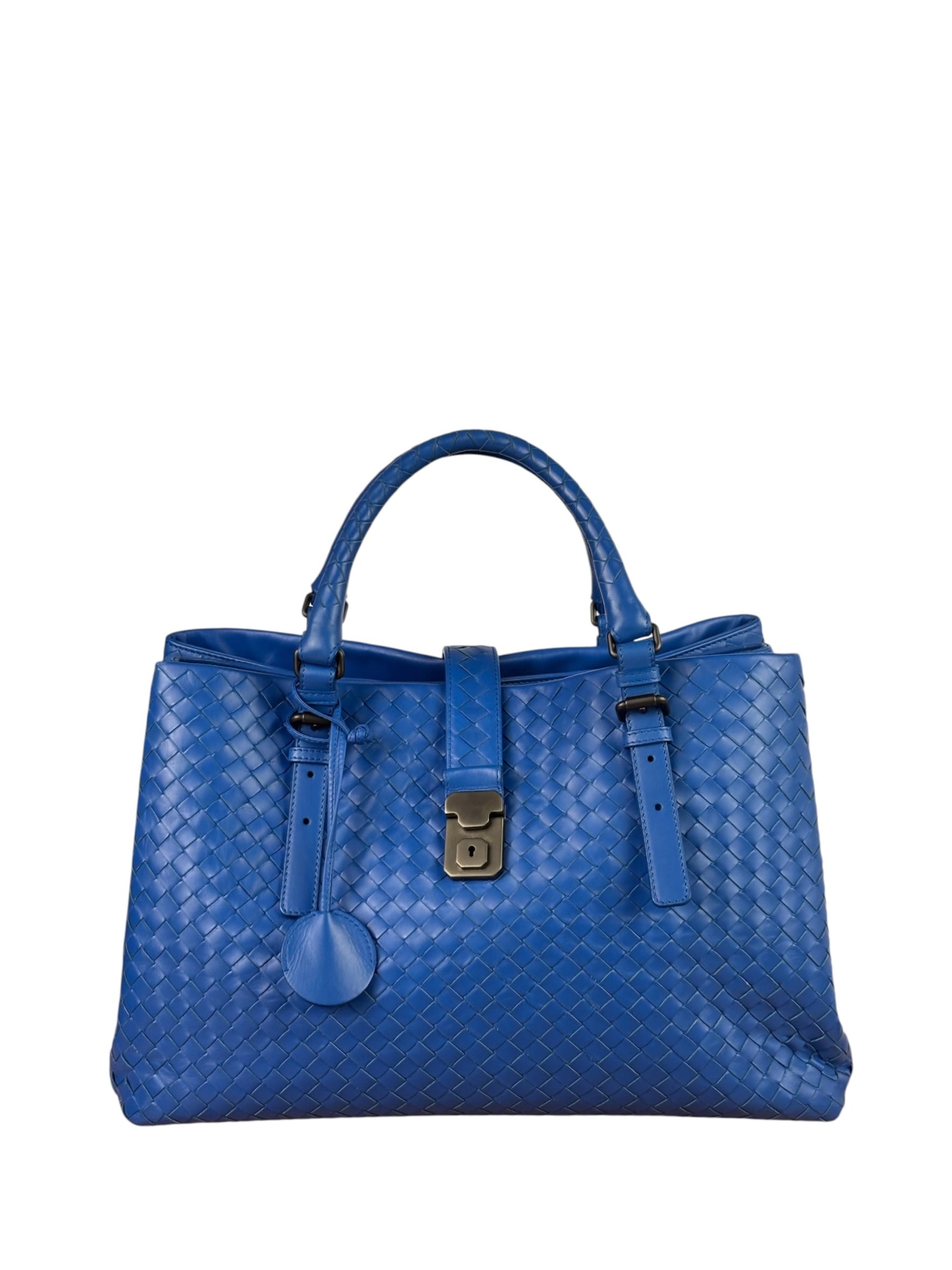Bottega Veneta Blue Leather Small Nappa Intercciato Roma Satchel