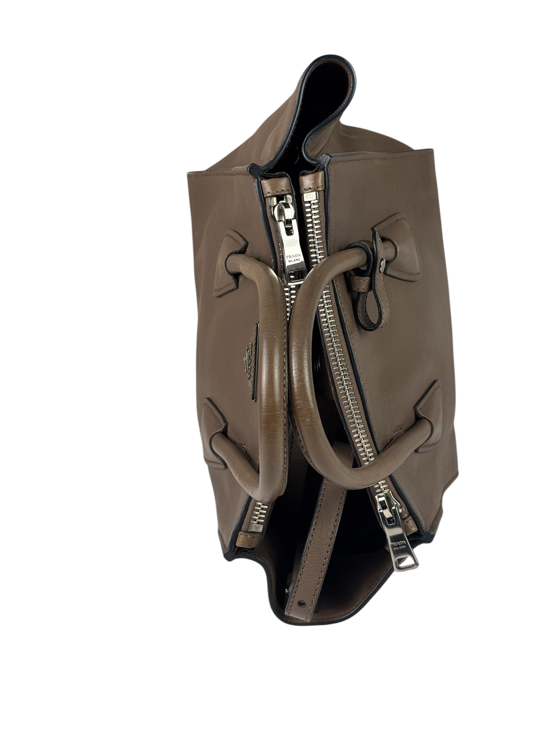 Prada Neutral Taupe Glace Calf Twin Pocket Two-Way Tote