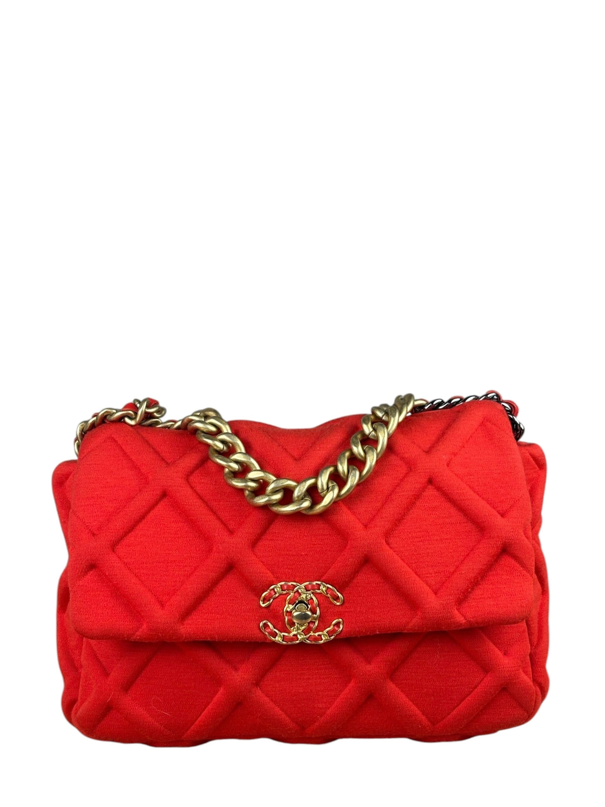 Chanel Red Quilted Leather Trim Jersey 19 Flap Bag 2019