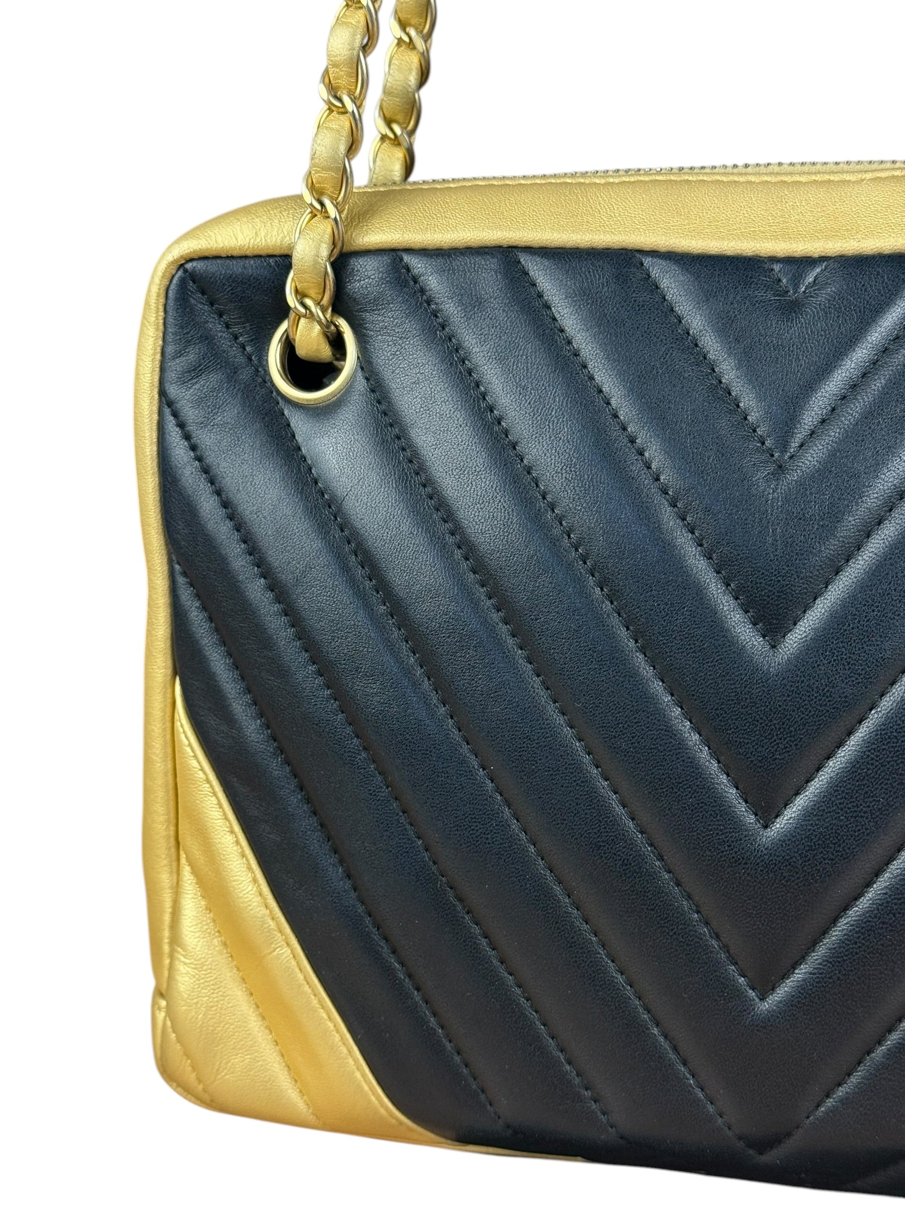 Chanel V Stitch Chevron Leather Black/Gold Chain Shoulder Bag 2014