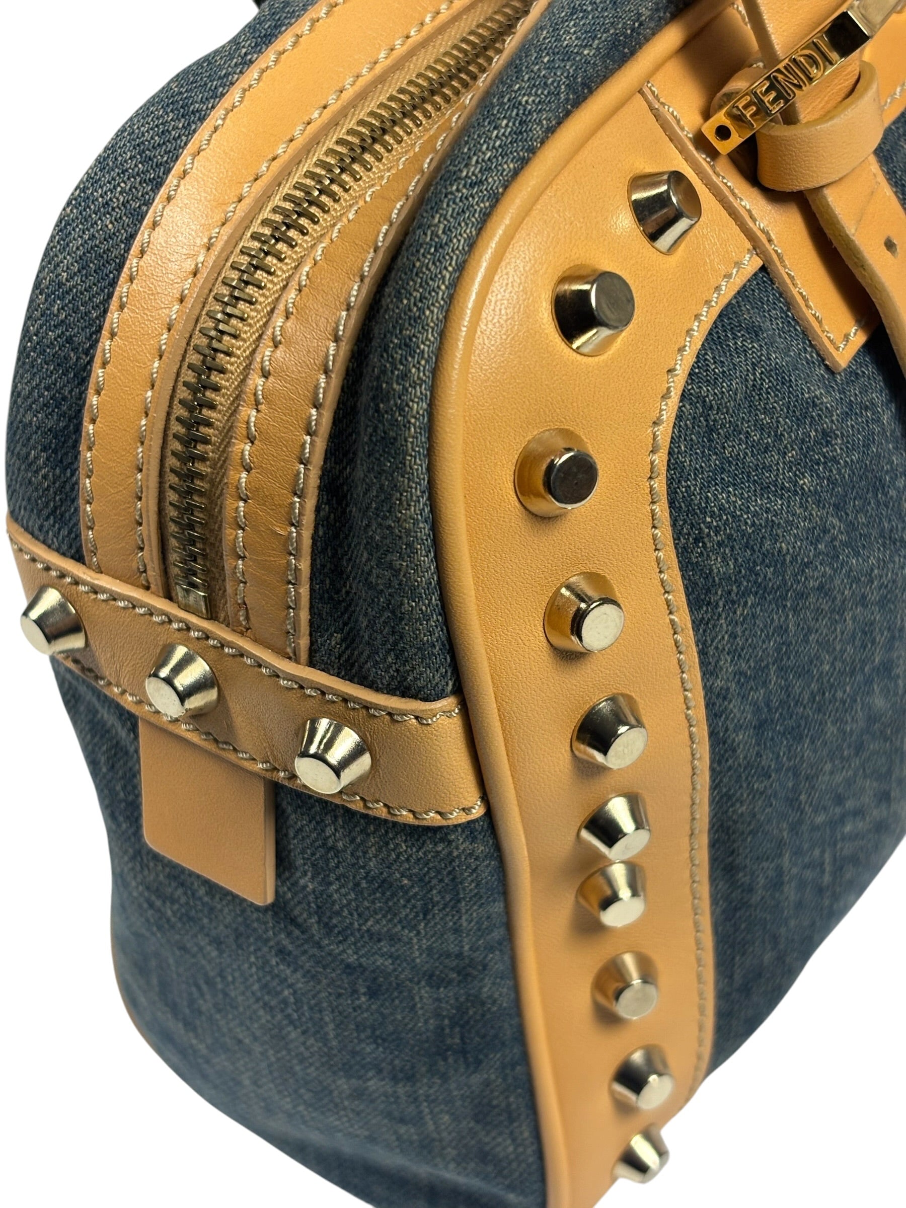 Fendi Blue/Brown Denim/Leather Trim Studded Shoulder Bag