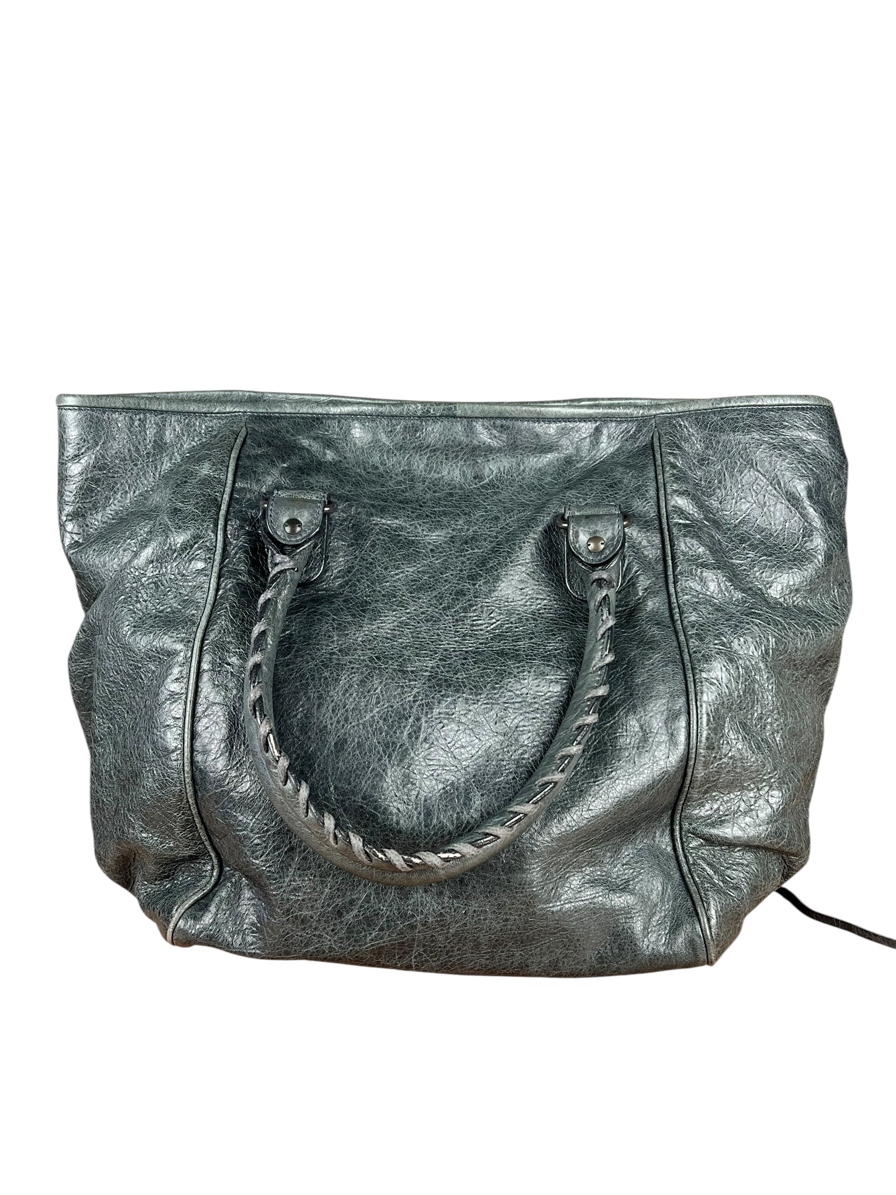 Balenciaga Leather Motocross Muted Teal Sunday Tote