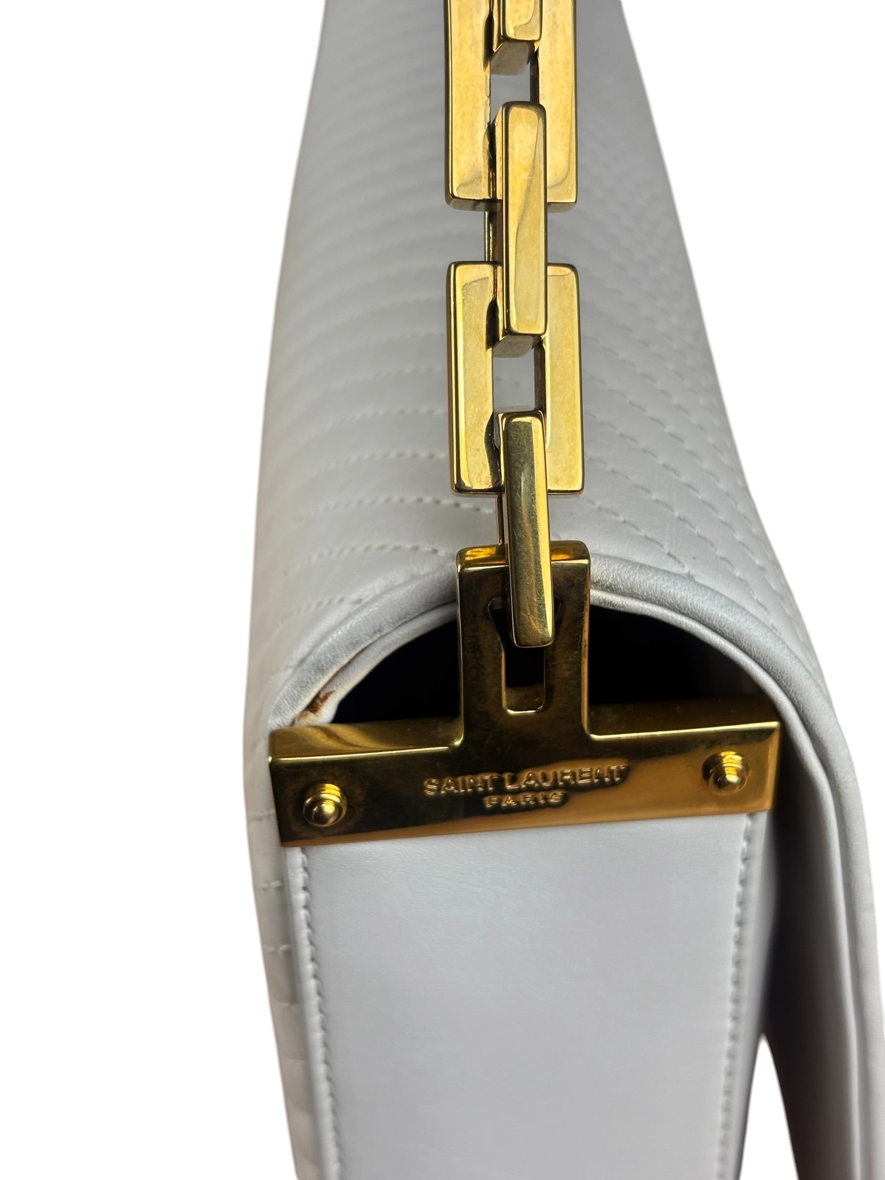 YSL White Chevron Quilted Babylone Chain Flap Shoulder Bag