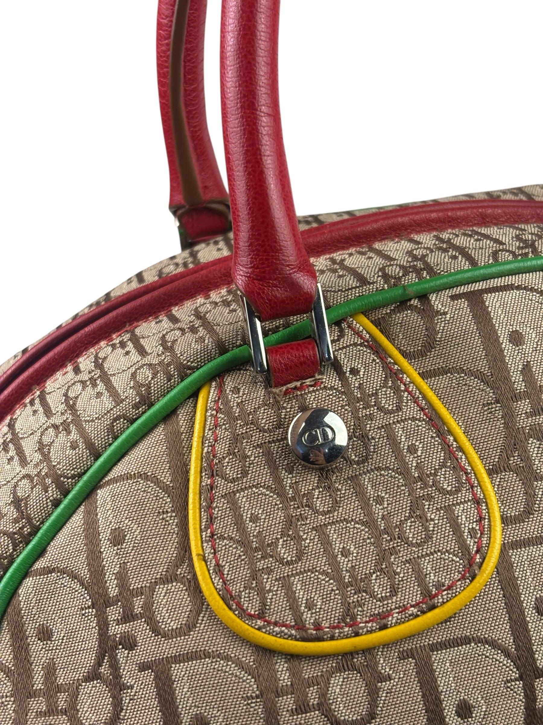 Christian Dior Vintage Beige/Brown Leather Trim Rasta Bowler Bag