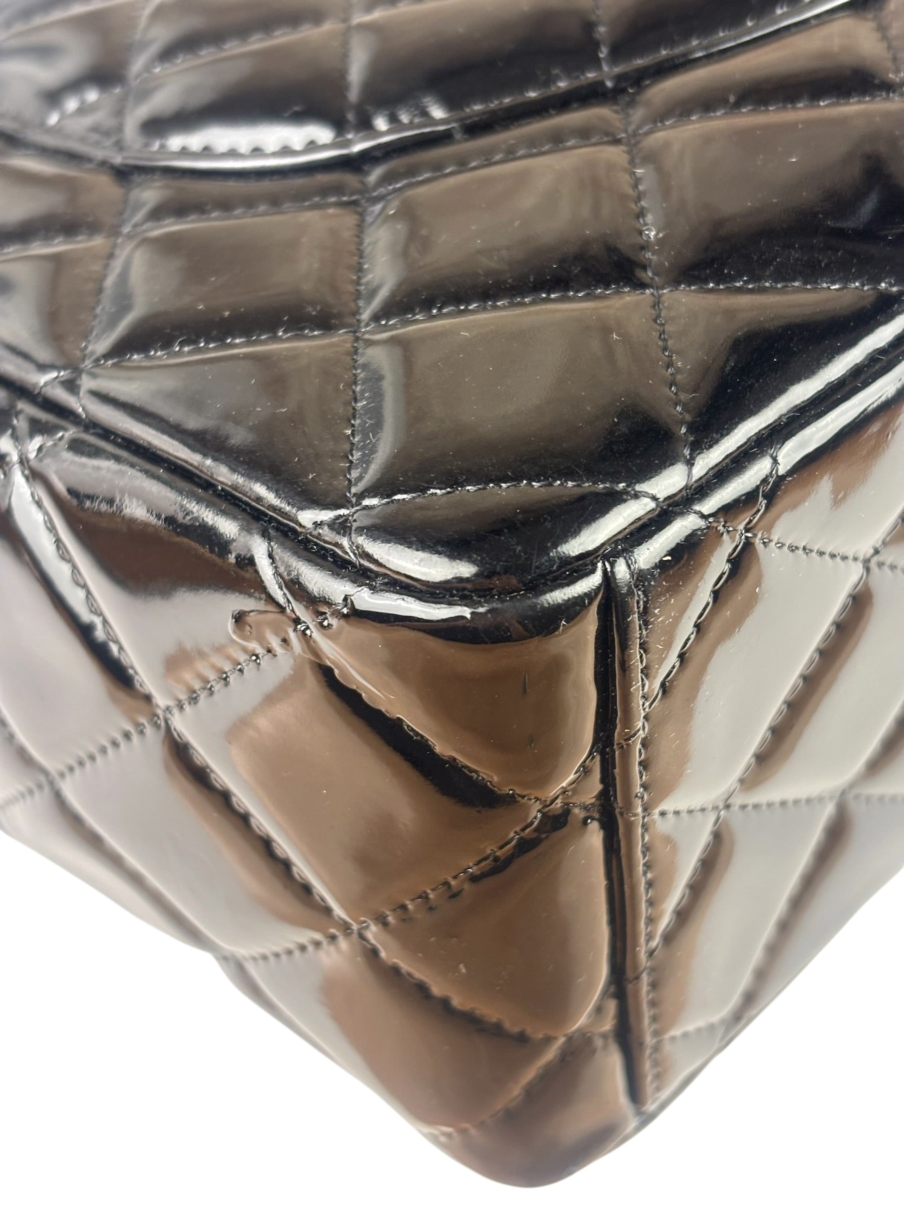 Chanel Black Patent Leather Quilted Leather Double Flap Jumbo Bag 2012