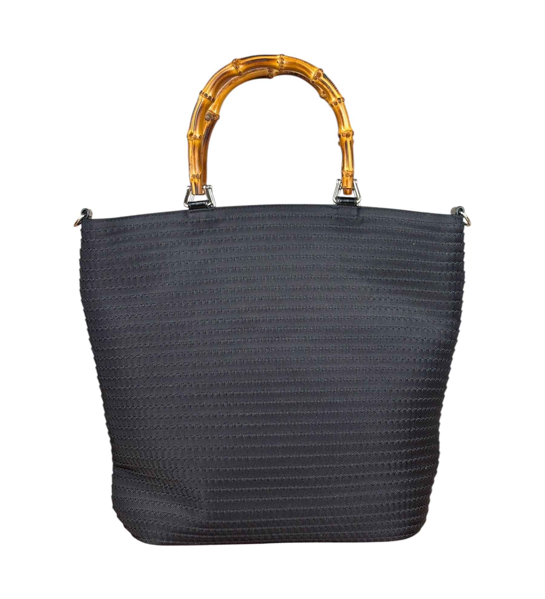Gucci Vintage Black Ribbed Bamboo Top Handle Bag