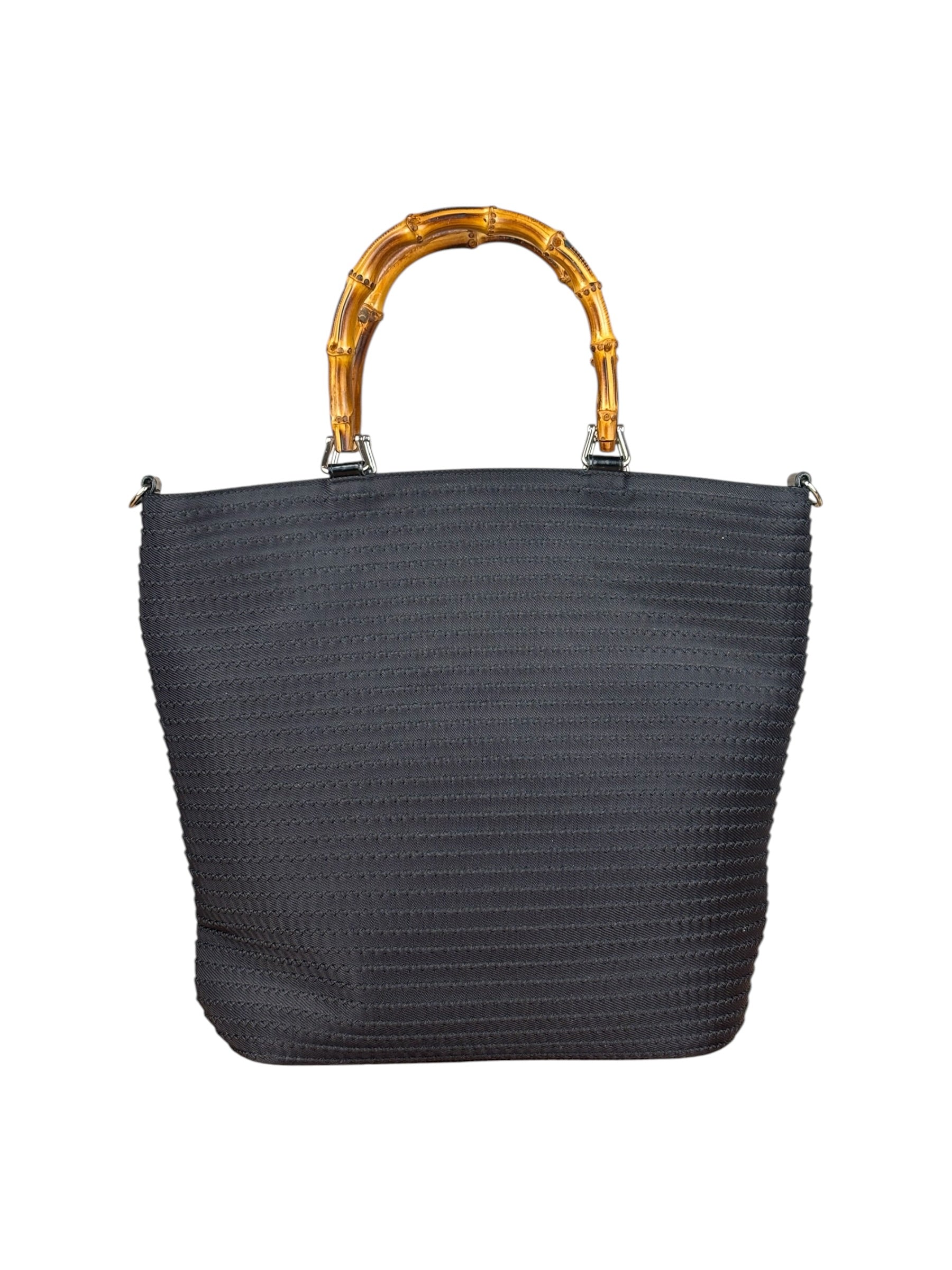 Gucci Vintage Black Ribbed Bamboo Top Handle Bag