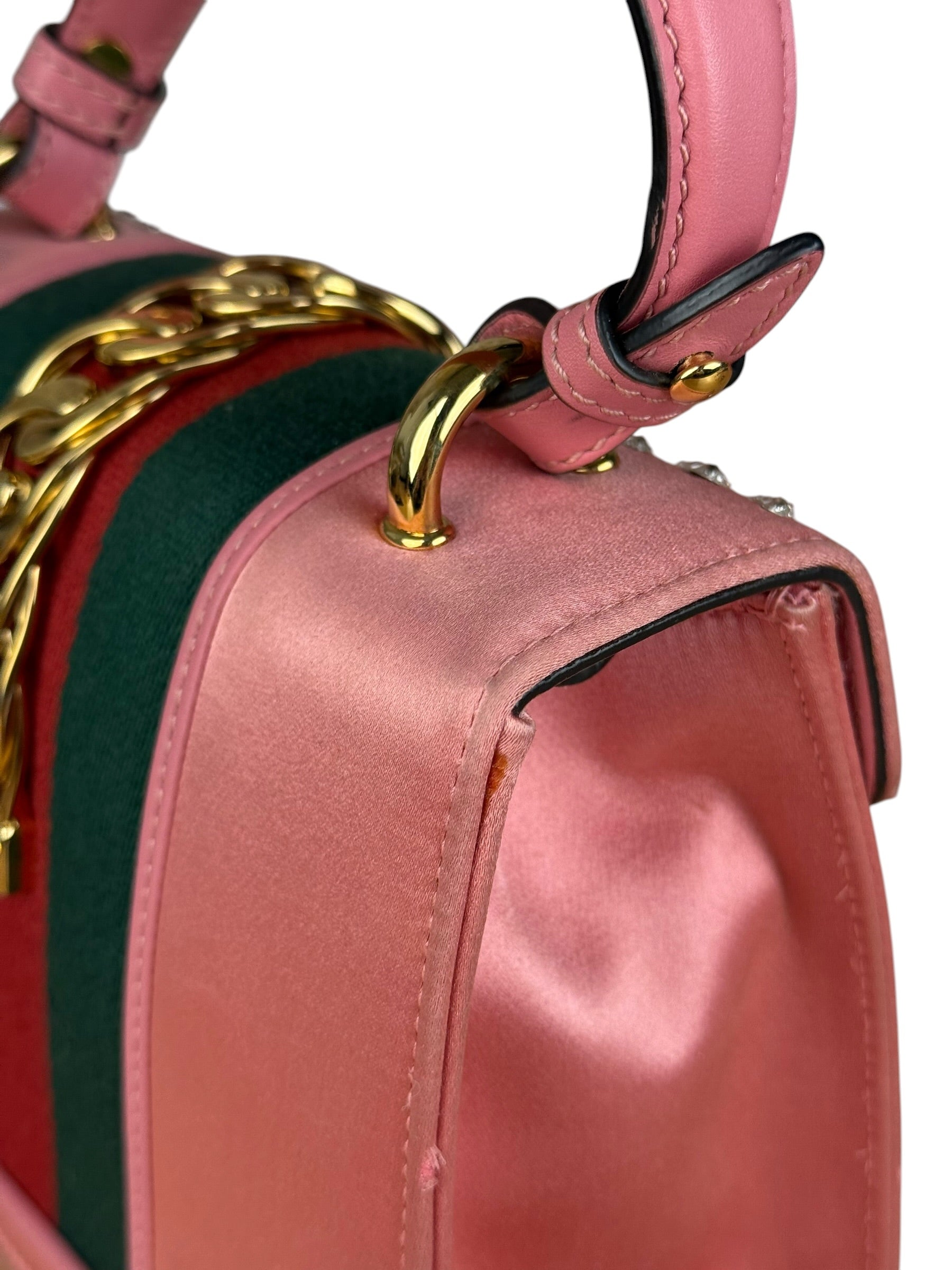 Gucci Sylvie Pink Mini Satin Embellished 2Way Handbag