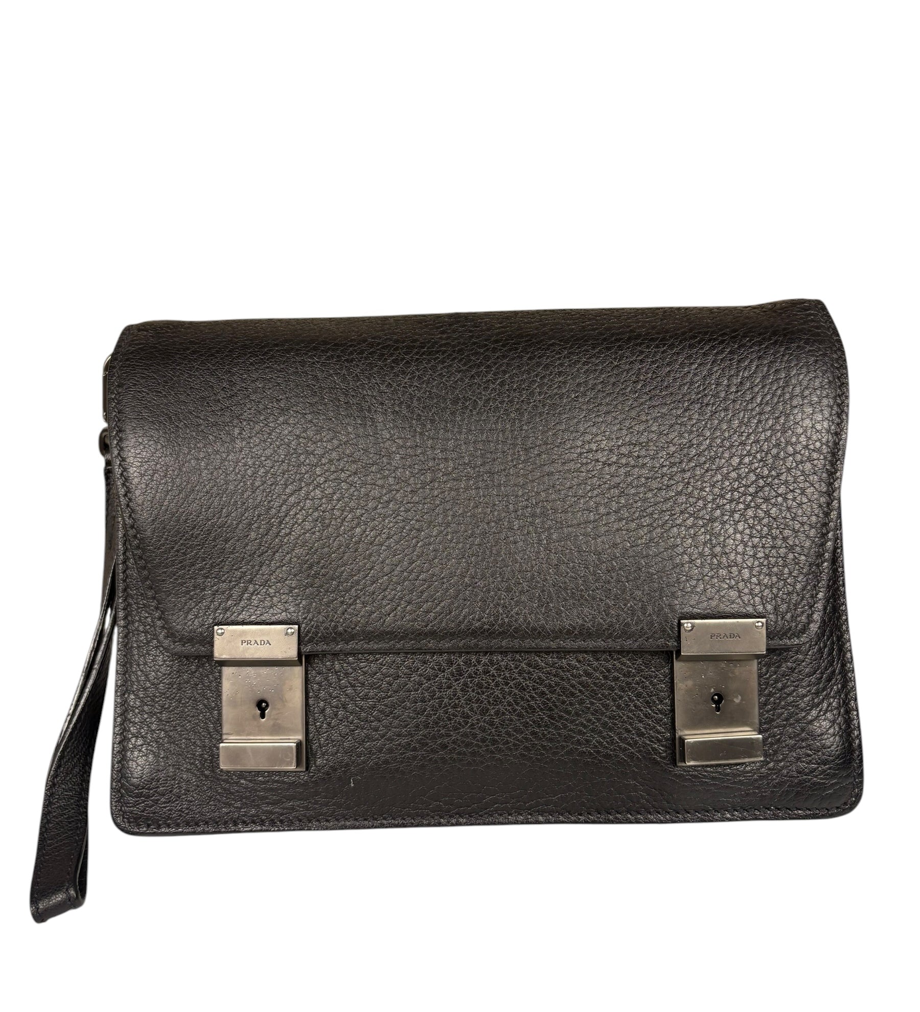Prada Black Leather Flap Clutch Pouch