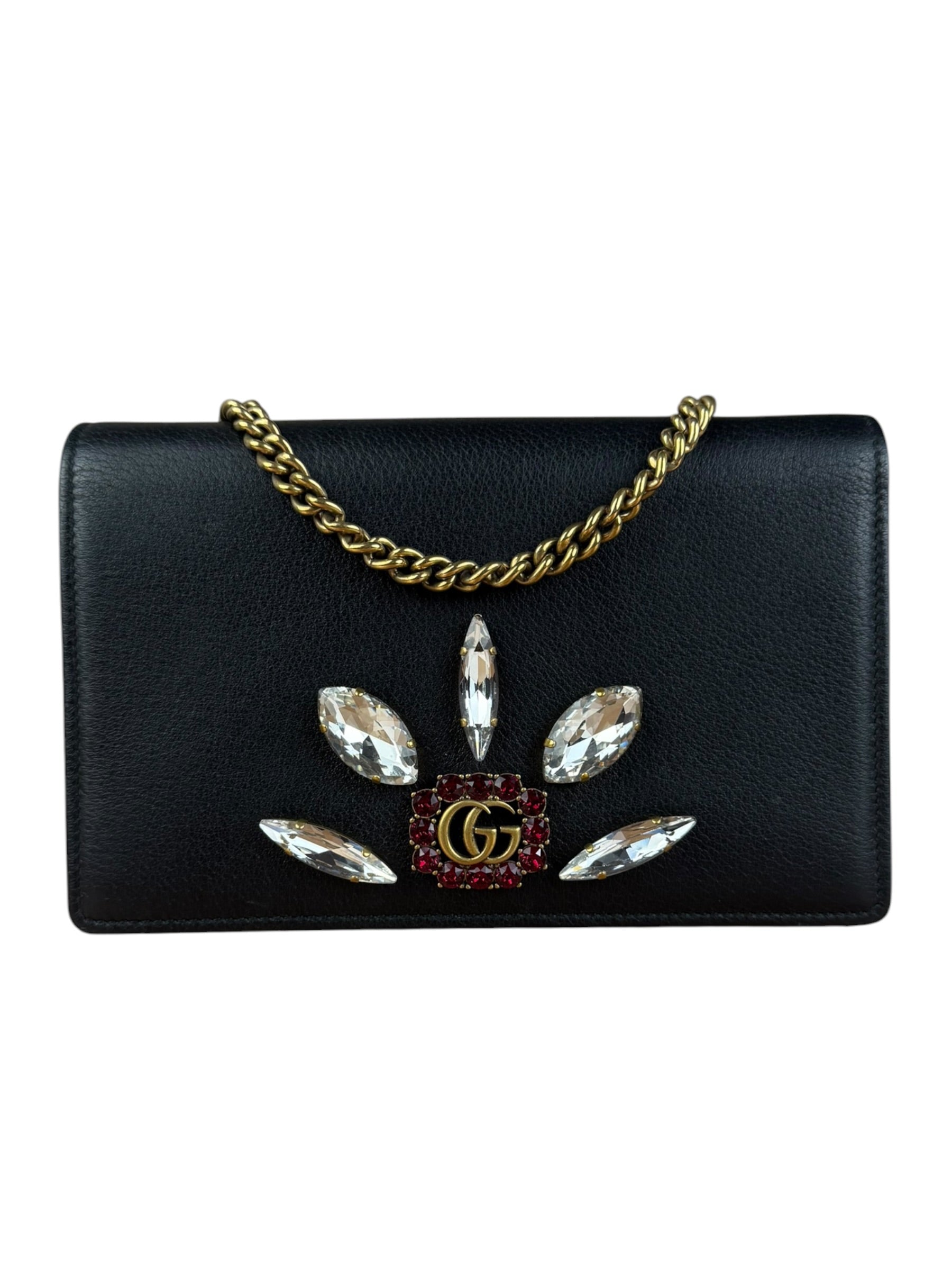 Gucci GG Crystal Embellished Black Leather Wallet on Chain Bag