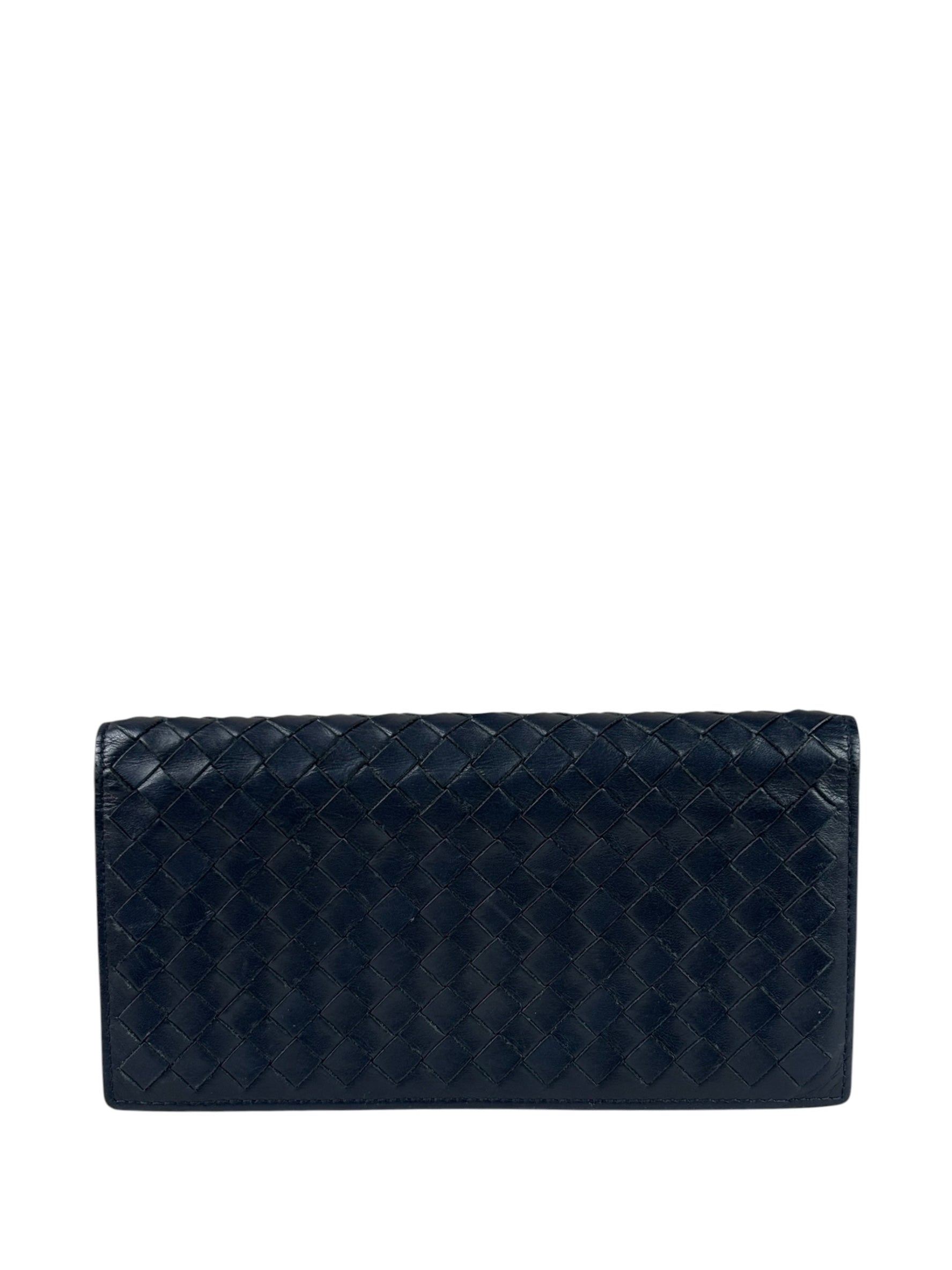 Bottega Veneta Navy Intrecciato Bi-Fold Flap Long Wallet