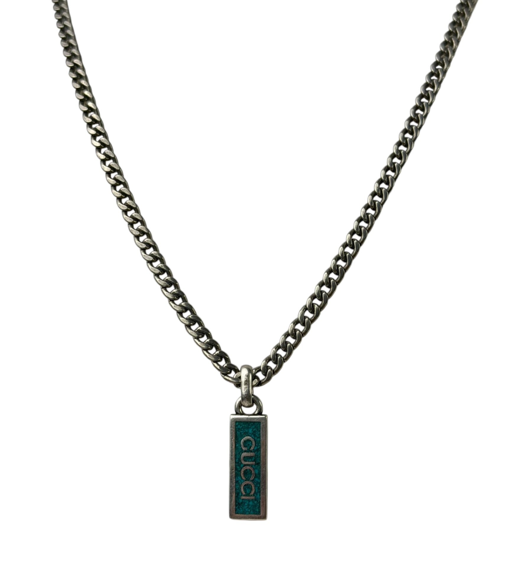 Gucci Sterling Silver Tag Turquoise Enamel Pendant Necklace
