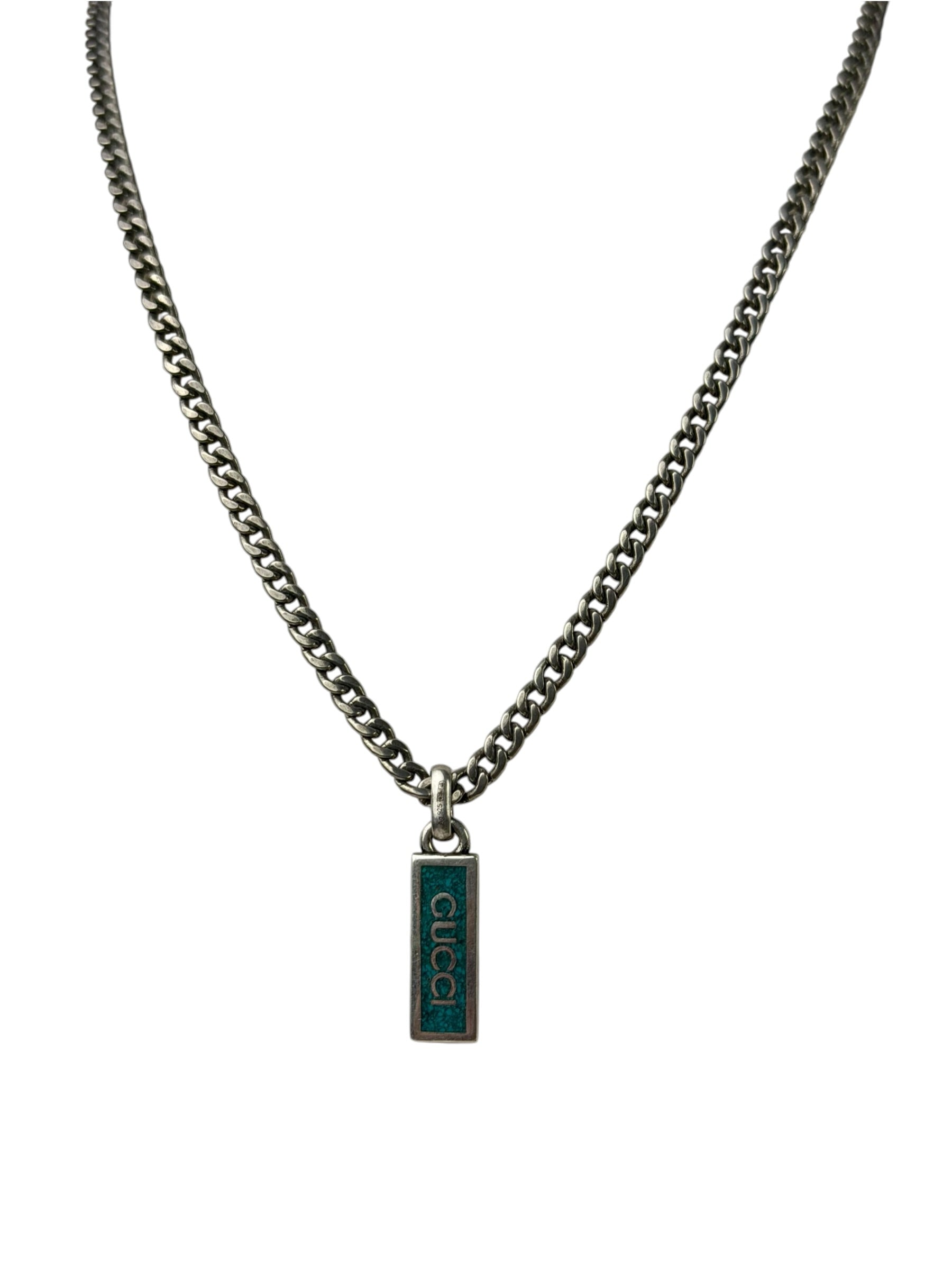 Gucci Sterling Silver Tag Turquoise Enamel Pendant Necklace