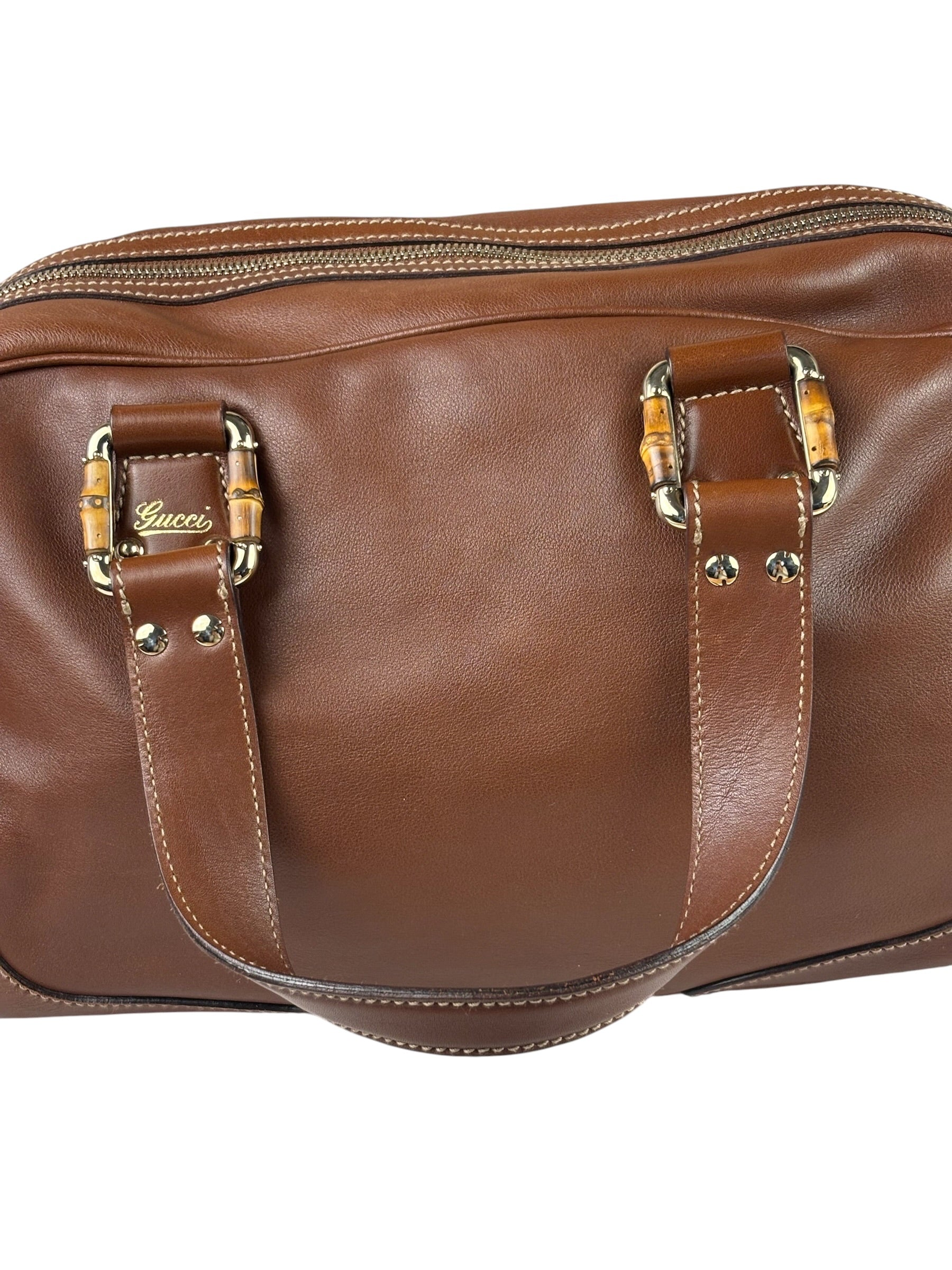 Gucci Tan Brown Leather Bamboo Handle Boston Bag
