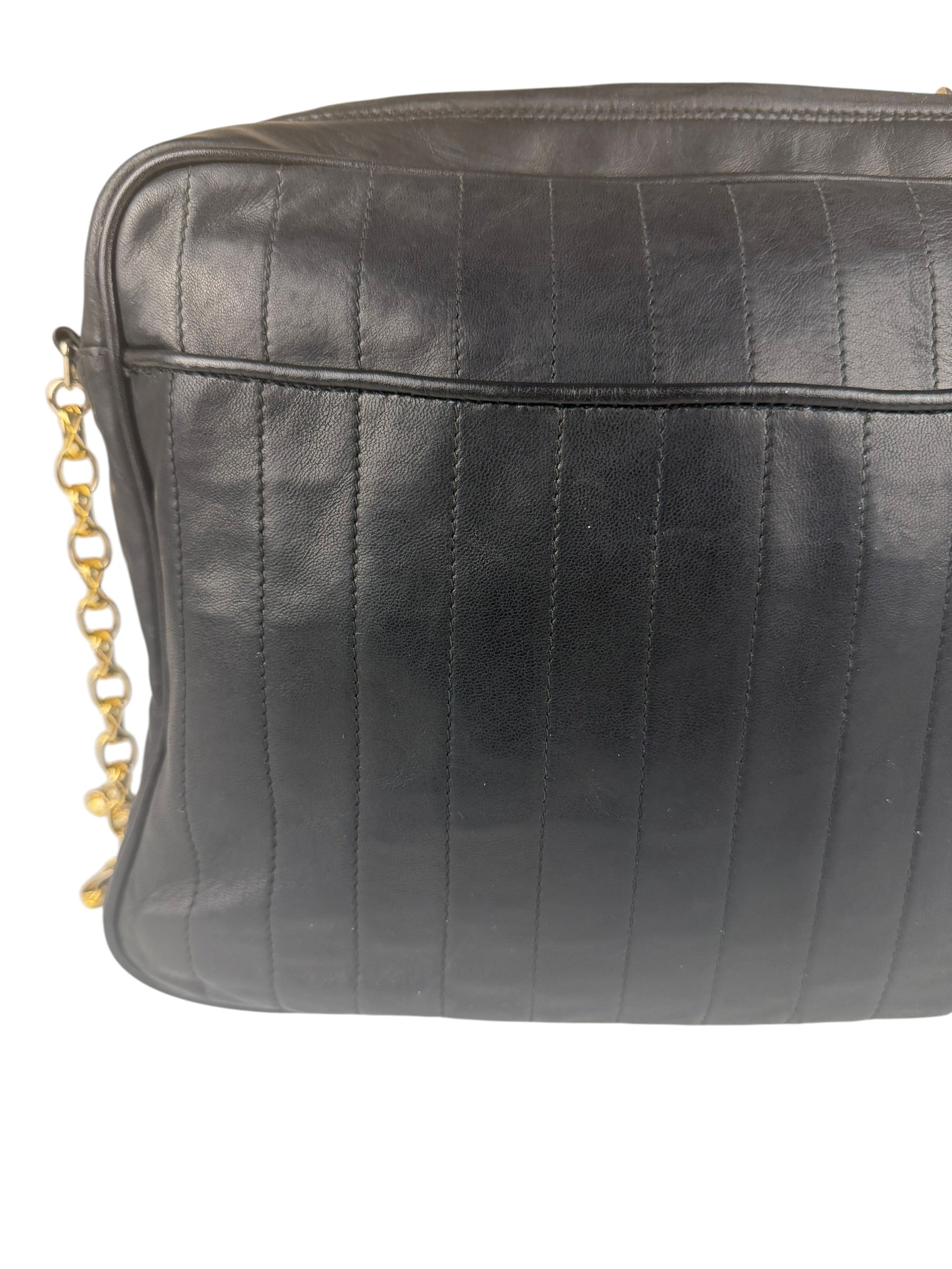 Chanel Vintage Black Leather Mademoiselle Vertical Quilted Shoulder Bag 1990's