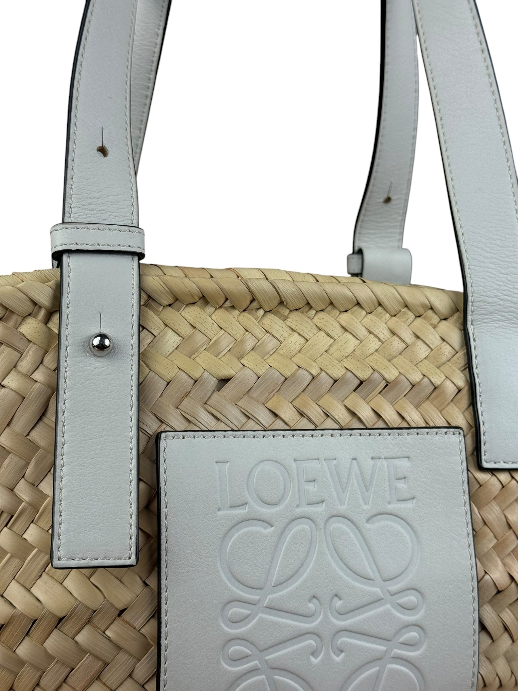 Loewe White Leather Raffia Basket Bag