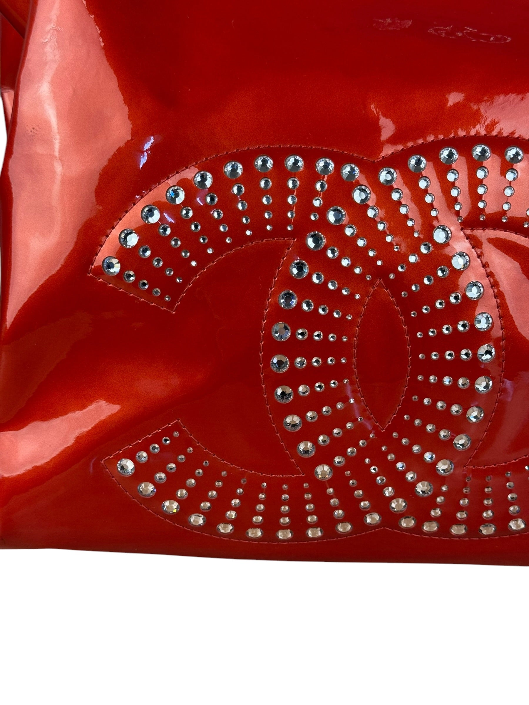 Chanel Red Patent CC Crystal Bon Bon Chain Tote