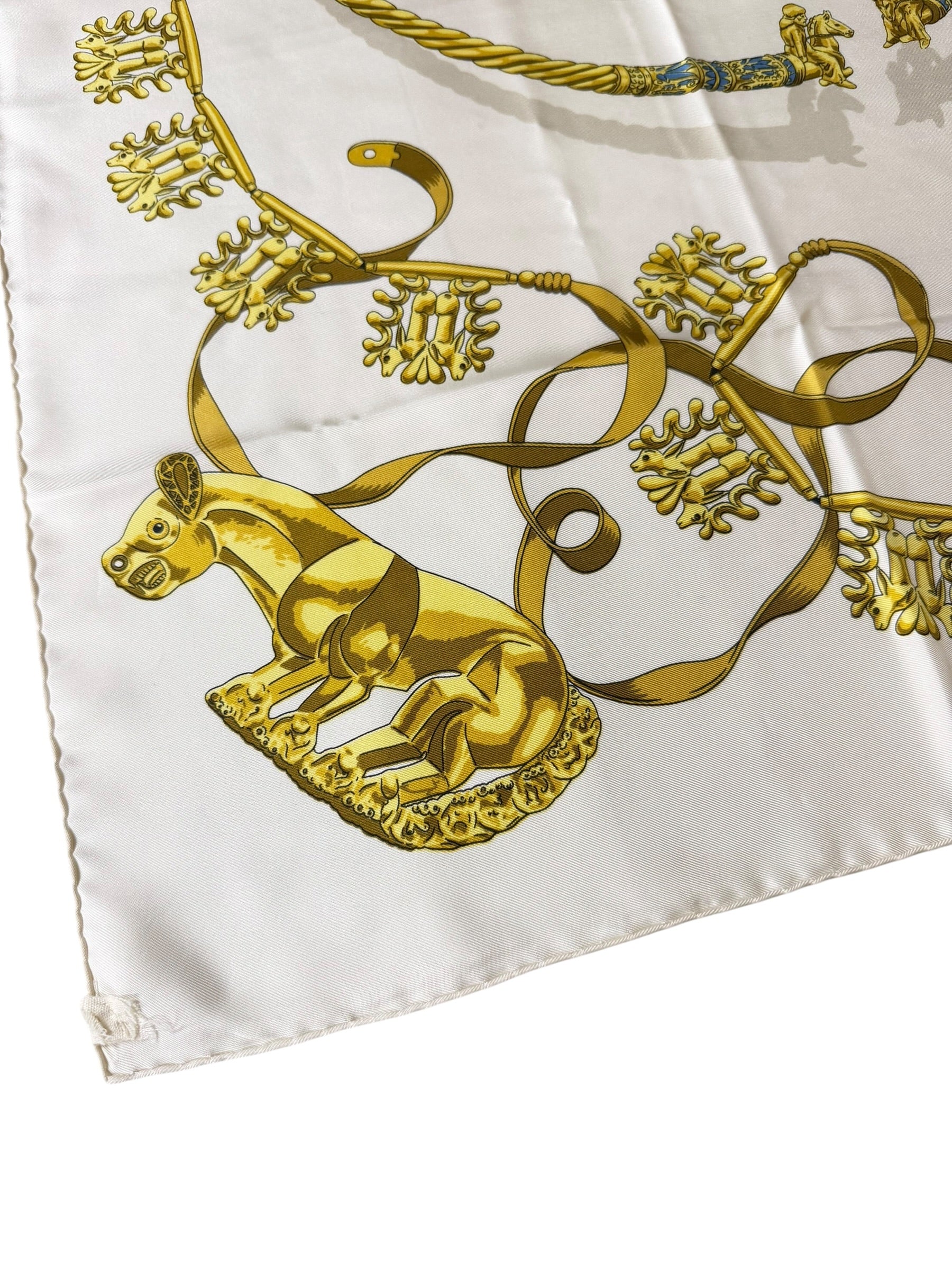 Hermes Ivory Gold Emblem Print Silk Scarf