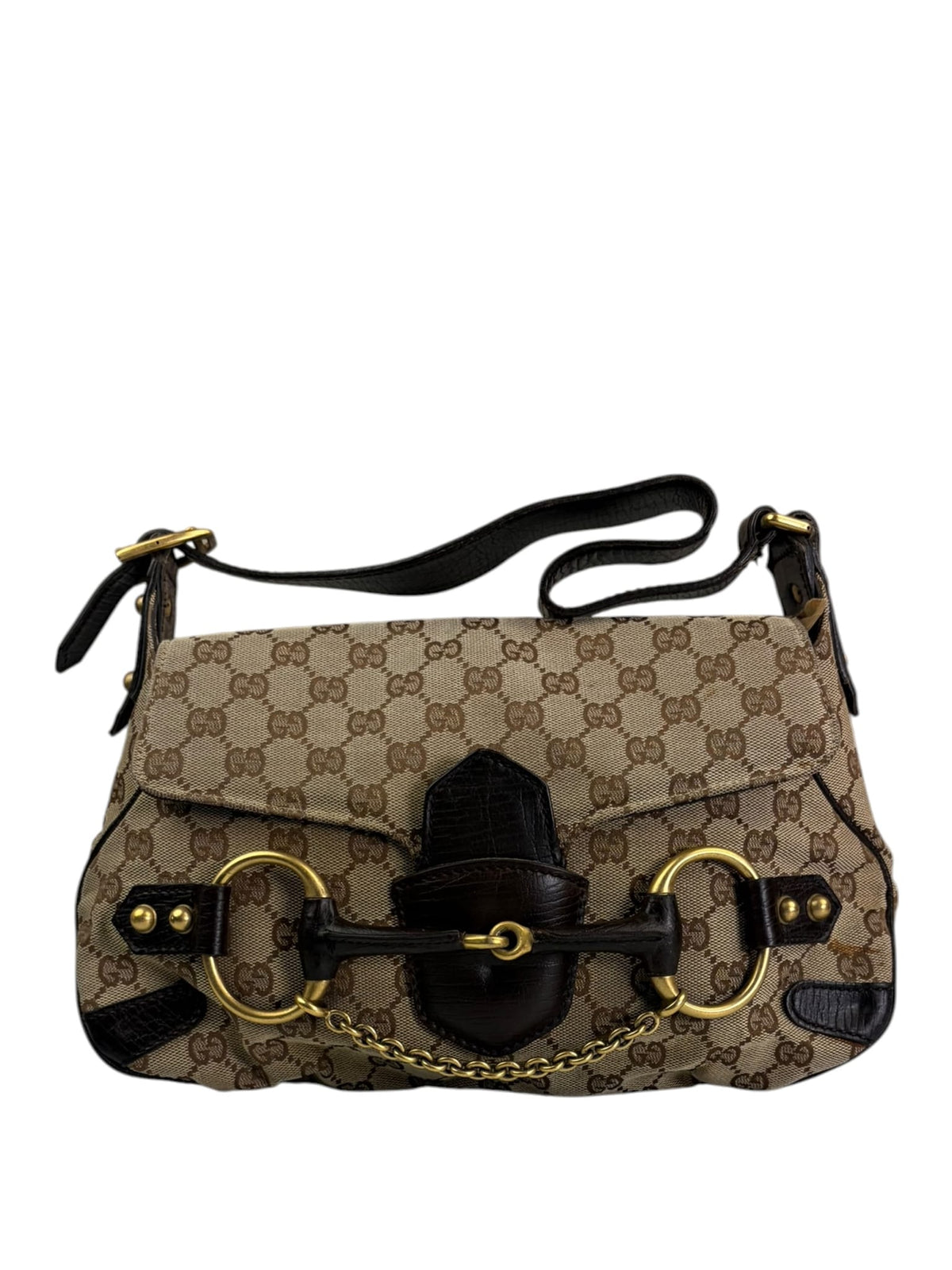 Gucci Brown Leather Trim GG Horsebit Chain Shoulder Bag