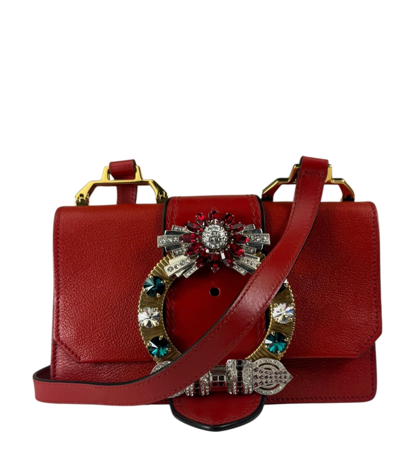 Miu Miu Red Leather Lady Jeweled Flap Bag