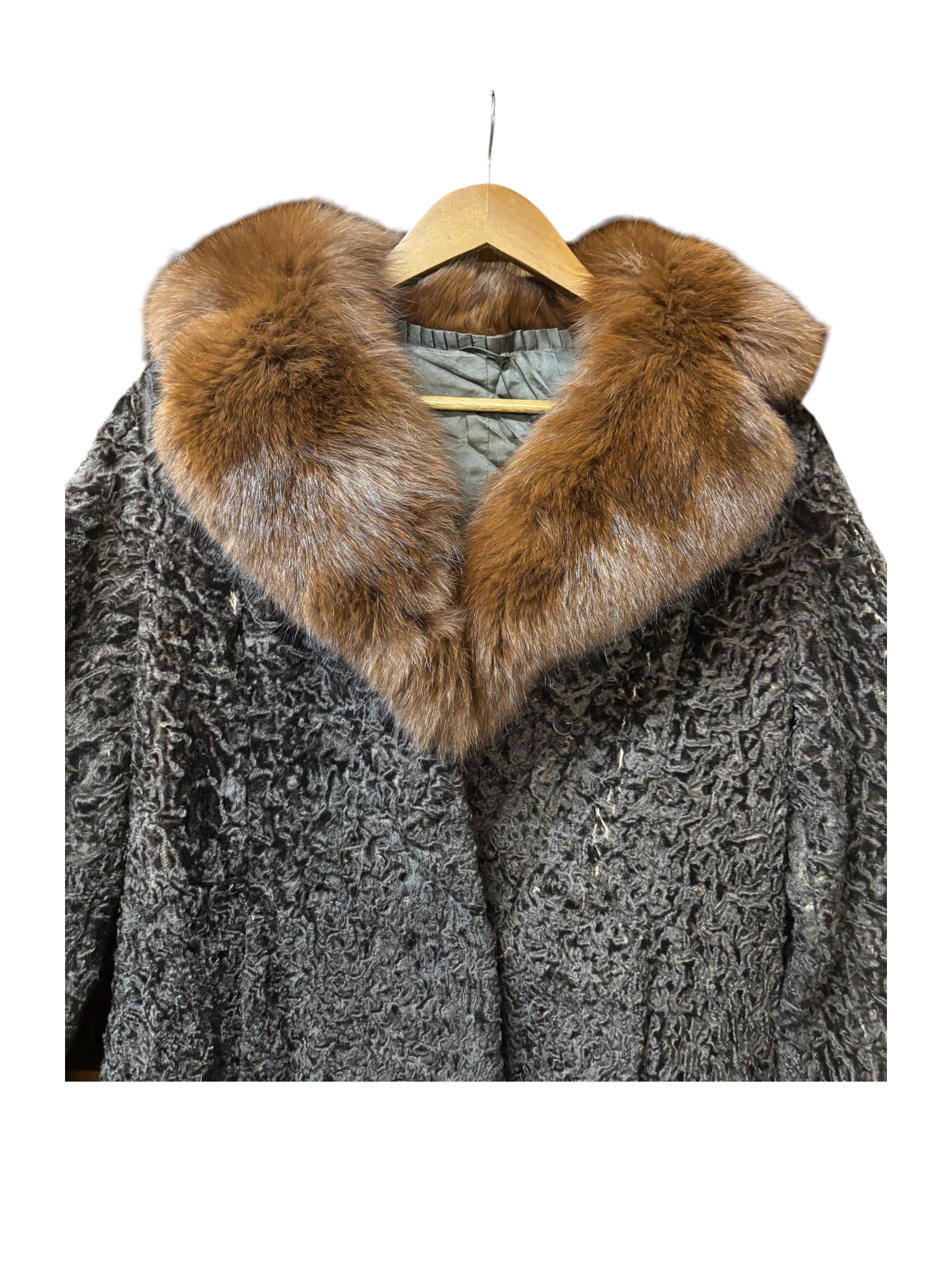 Vintage Brown Fox Fur Collar Persian Lamb Long Coat